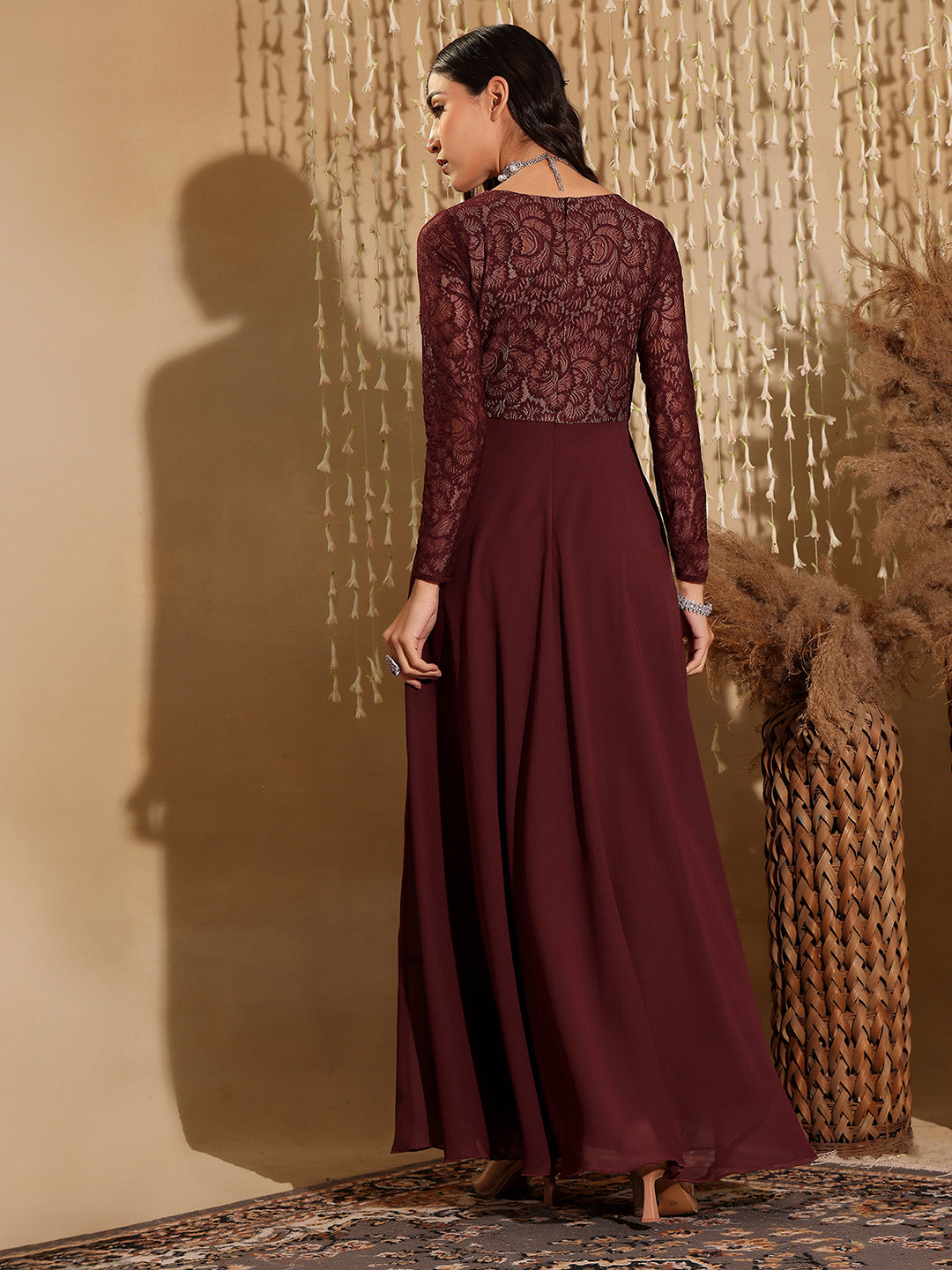 Women's Wine V-Neck Full Sleeve Self Design Lace-Overlaid Georgette Maxi Dress
