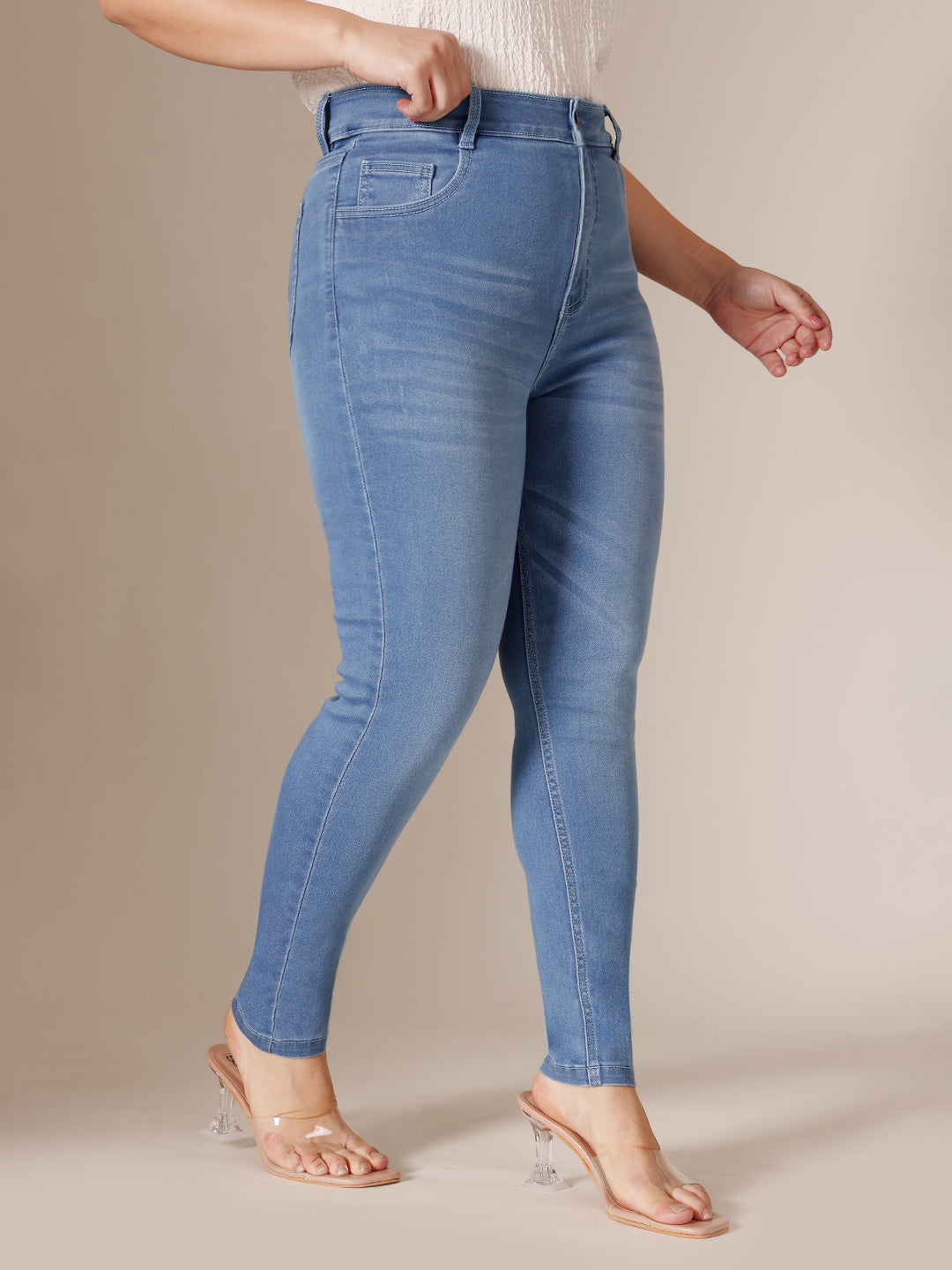 Light Blue Super Skinny High Rise Clean Look Regular Length Stretchable Denim Jeans for Women