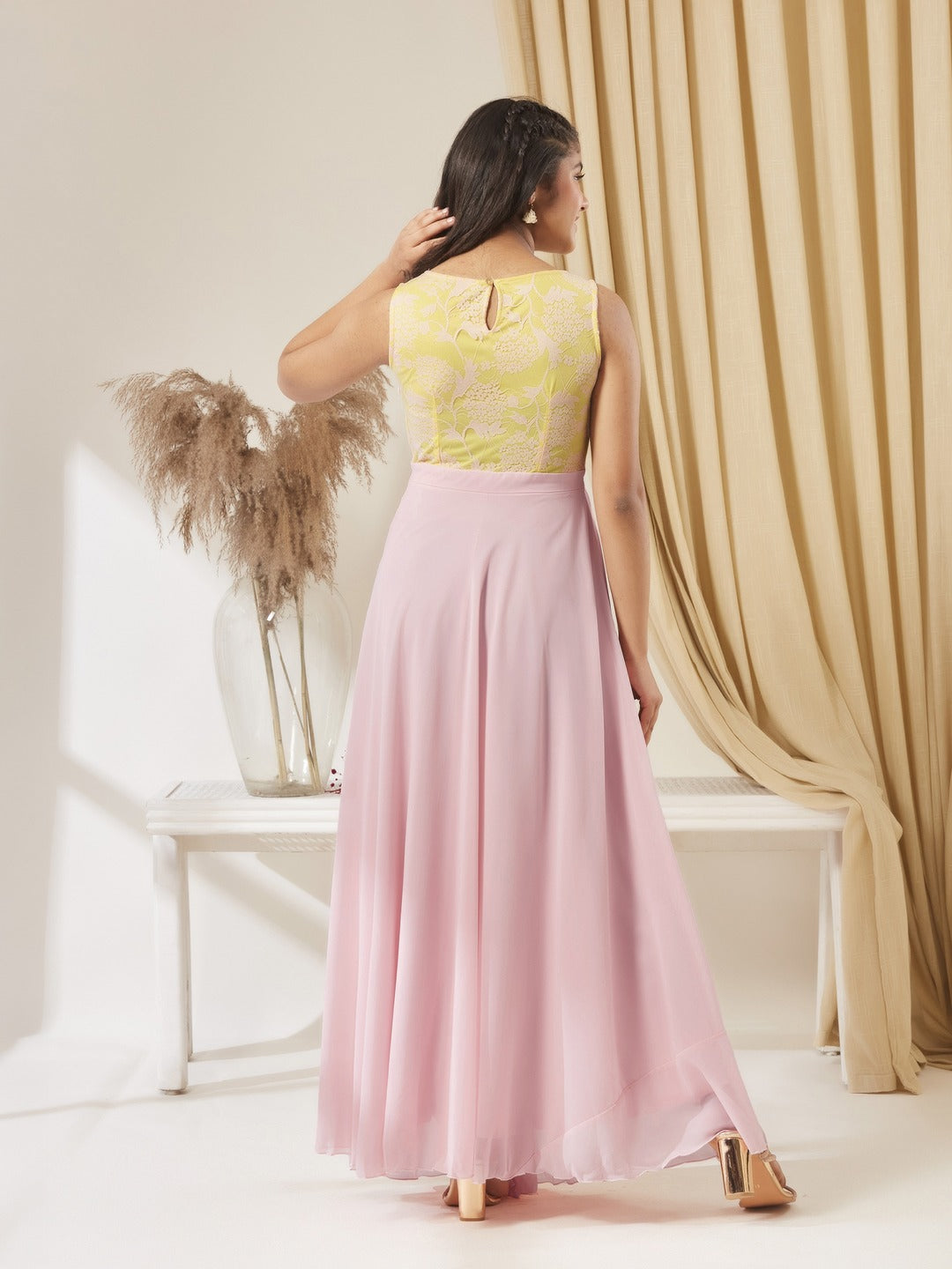 Dusty Pink Boat Neck Sleeveless Self Design Lace Overlaid Georgette Maxi Dress for Girls/Teenagers