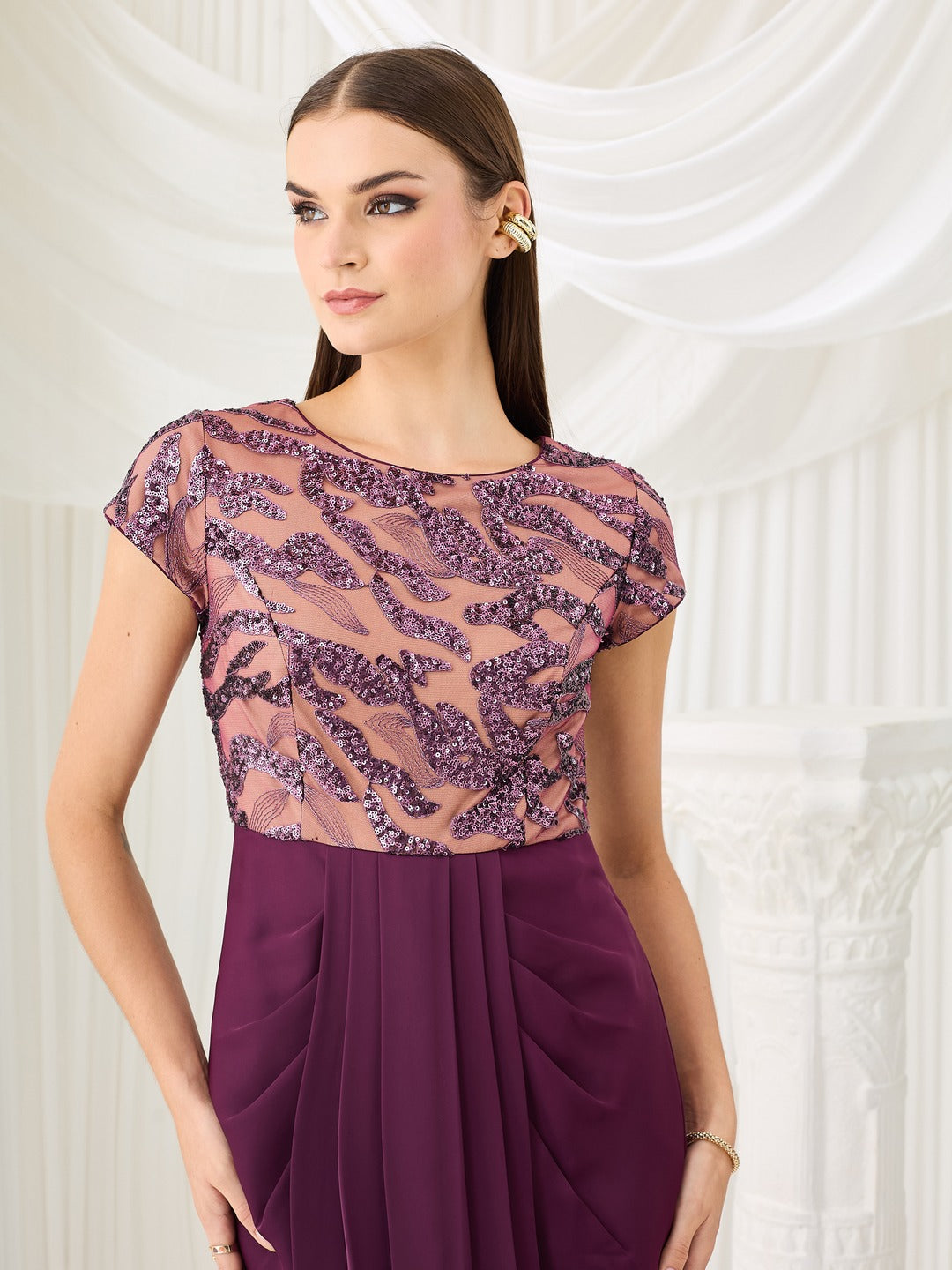 Luxe Pleated Satin Gown in Purple with Round Neck & Embellishments for Women