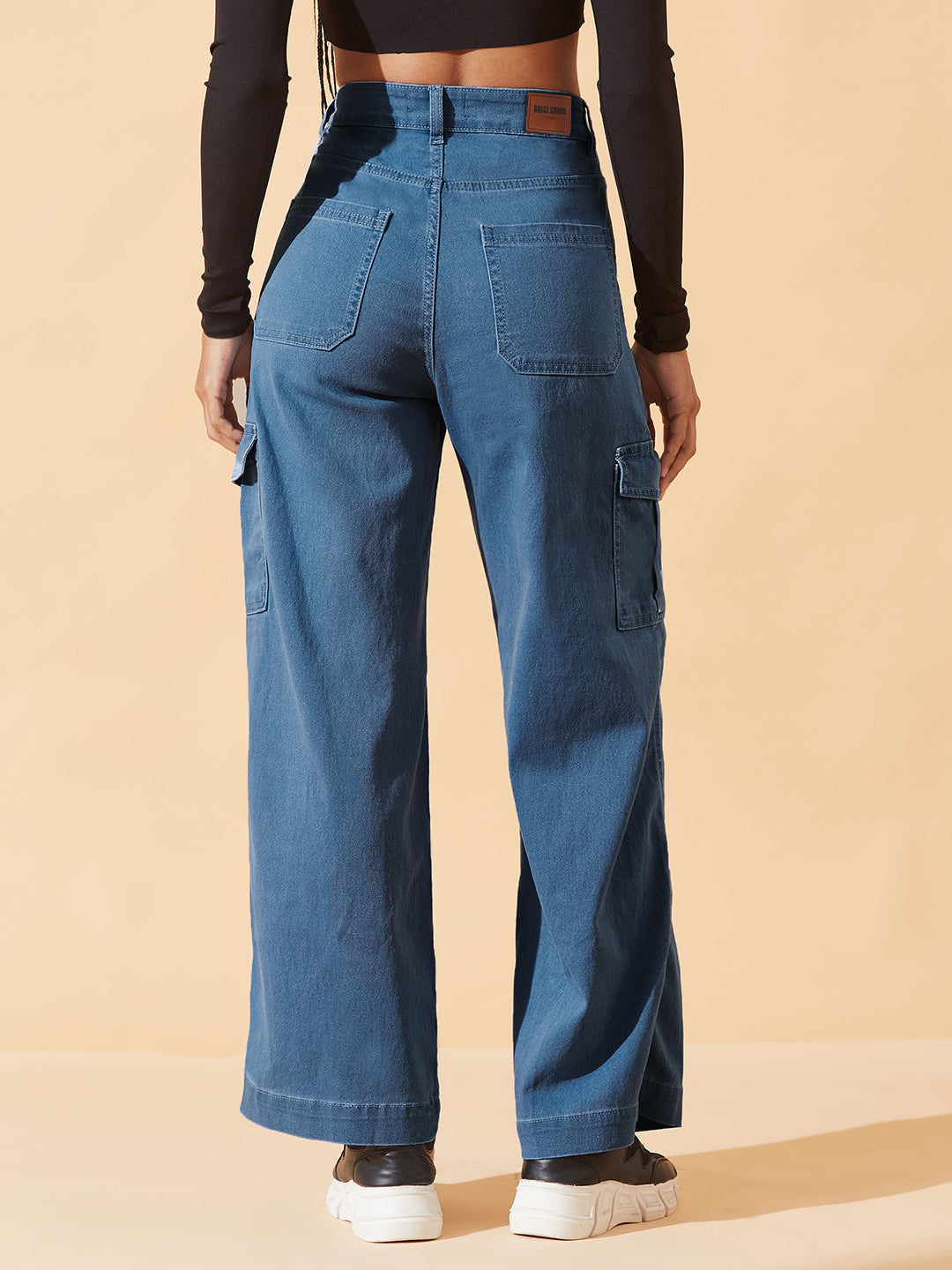Blue Wide-Leg High-Rise Regular Stretchable Denim Jeans for Women