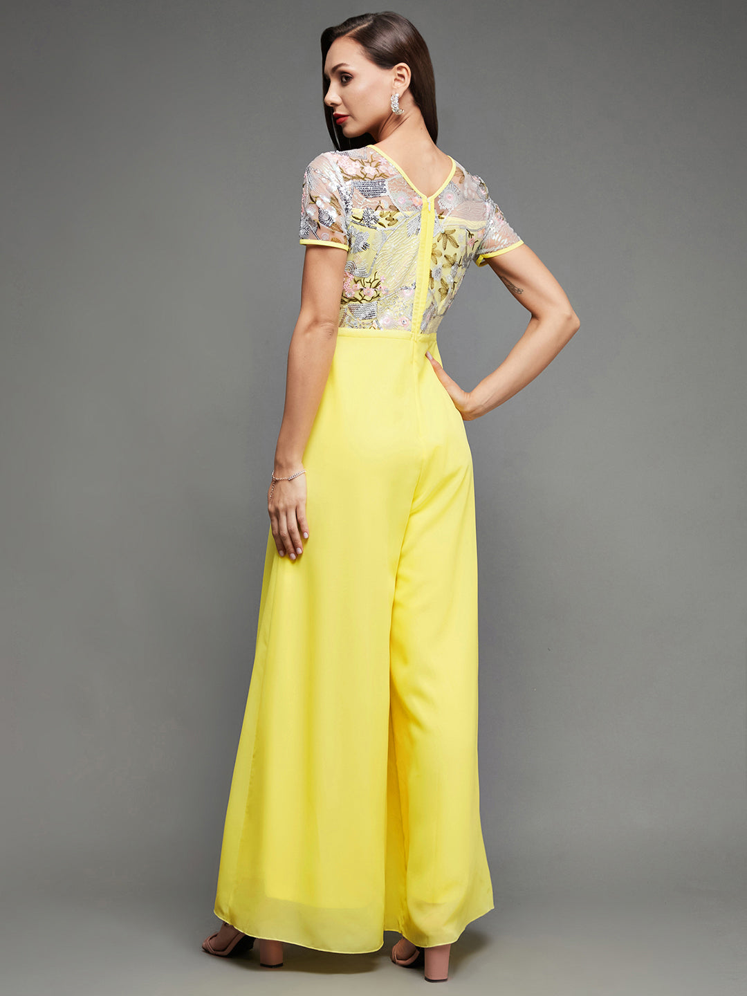 Women's Multicolored-Base-Yellow Round Neck Short Sleeve Floral Pleated Georgette Jumpsuit