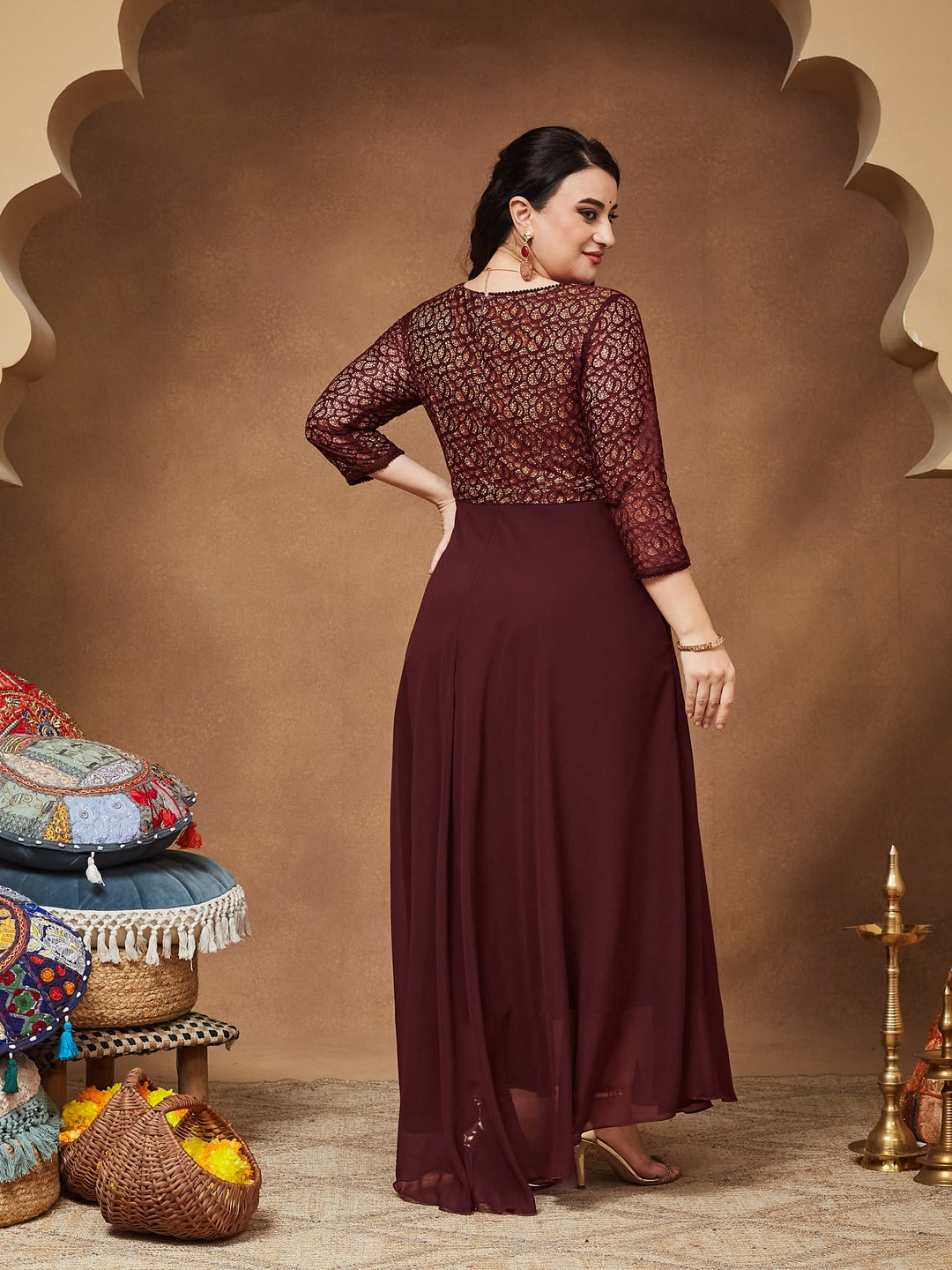 Wine V-Neck 3/4 Sleeve Floral Wrap Georgette Maxi Dress for Women — Miss Chase A+