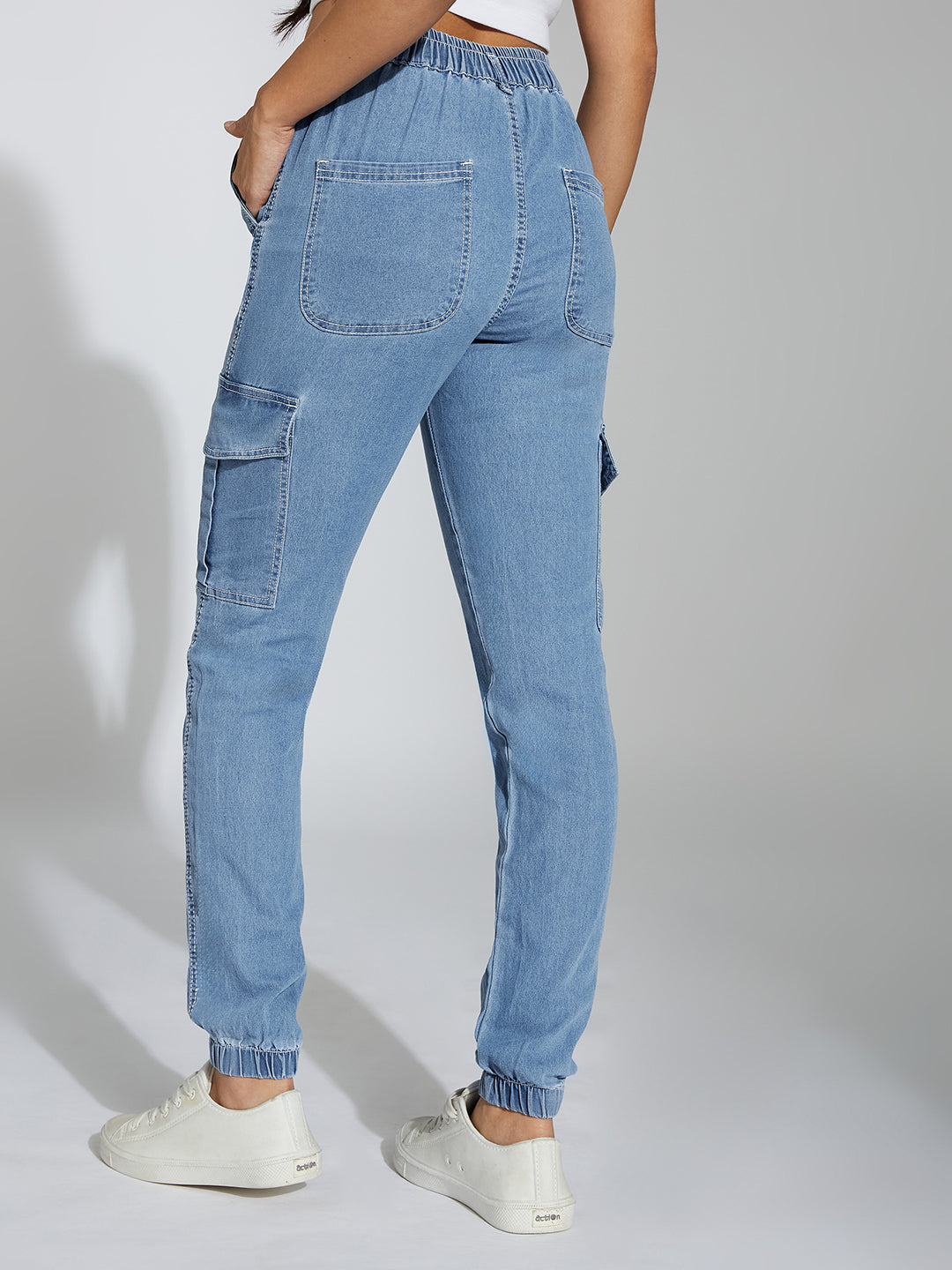 Women's Light Blue Regular High-Rise Clean-Look Regular Stretchable Light Weight Denim joggers