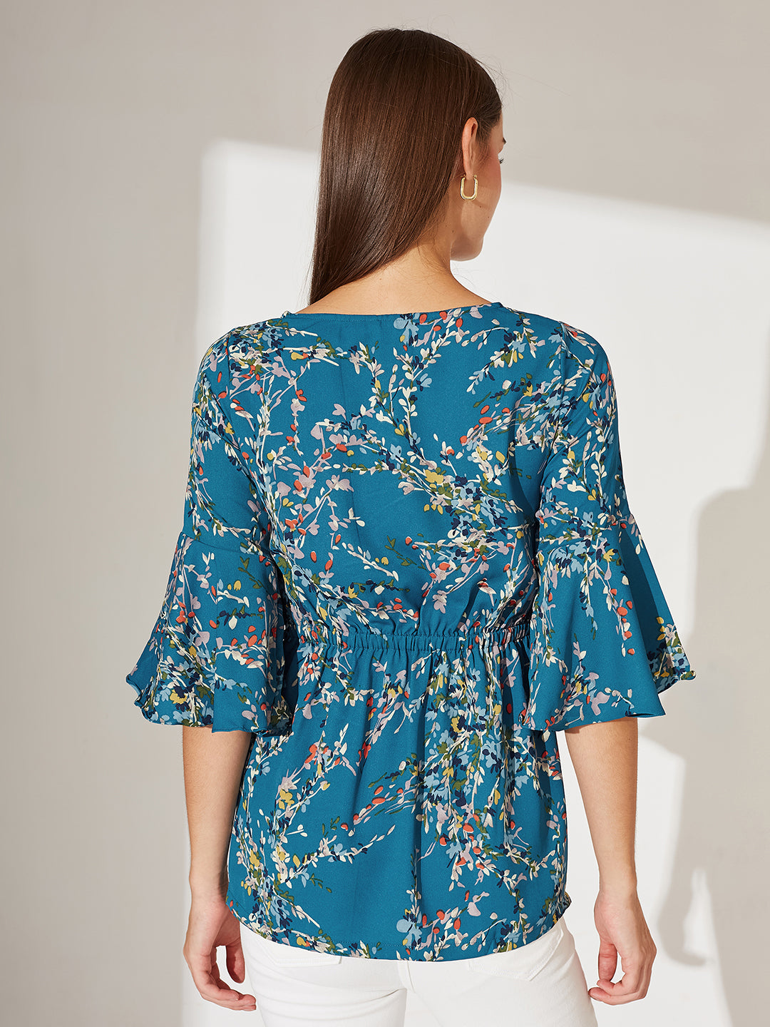 Turquoise Boat Neck Ruffled 3/4 Sleeves Floral Ruffled Long Belted Tie-Up Top for Women