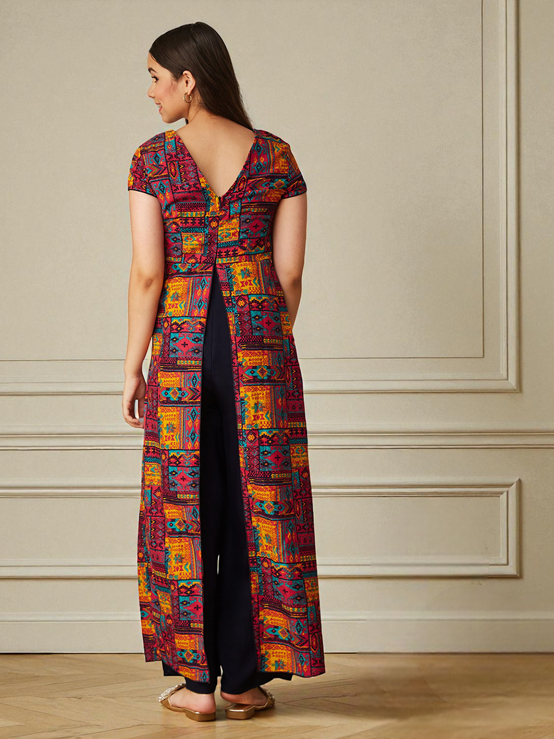 Multicolored-Base-Navy-Blue Keyhole-Neck Regular Sleeve Bohemian Paneled Viscose-Rayon Regular-Length Jumpsuit for Girls/Teenagers