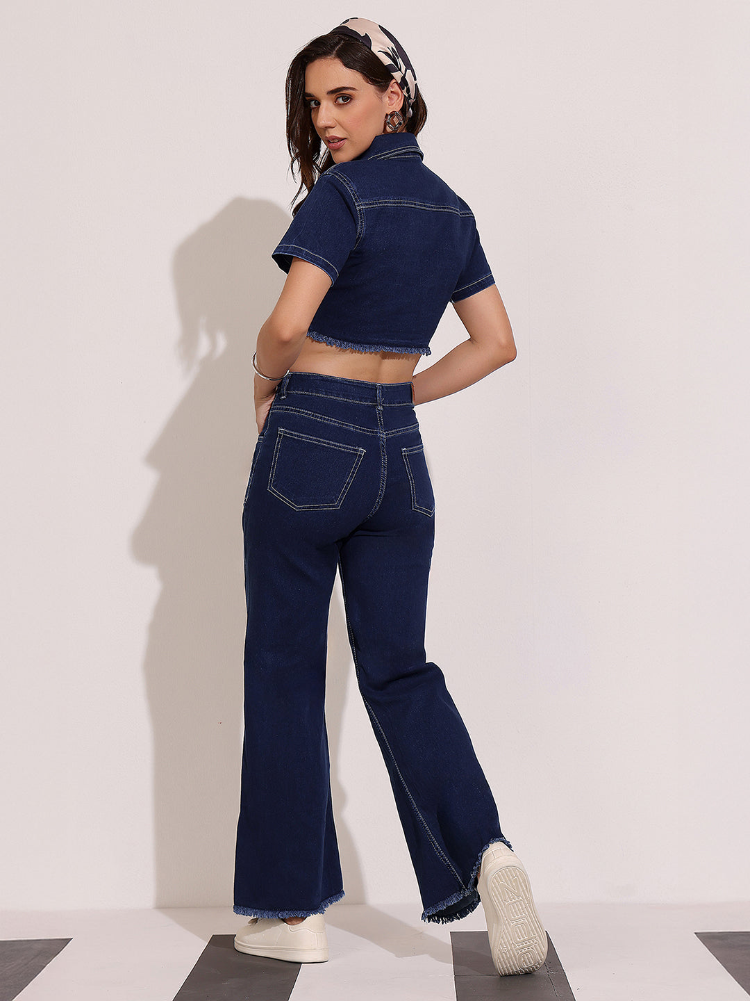 Women's Navy Blue Bootcut High-Rise Clean-Look Cropped Top, Regular Bottom Stretchable Denim Co-Ord Set