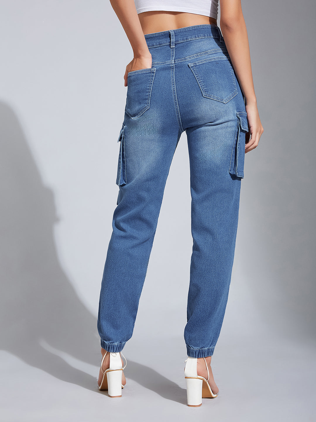 Women's Mid-Blue Regular High-Rise Regular Stretchable Denim Joggers