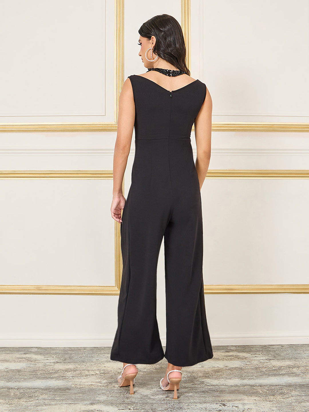Women's Black Halter-Neck Sleeveless Solid Pleated/Wide Leg Sequin Paneled Jumpsuit
