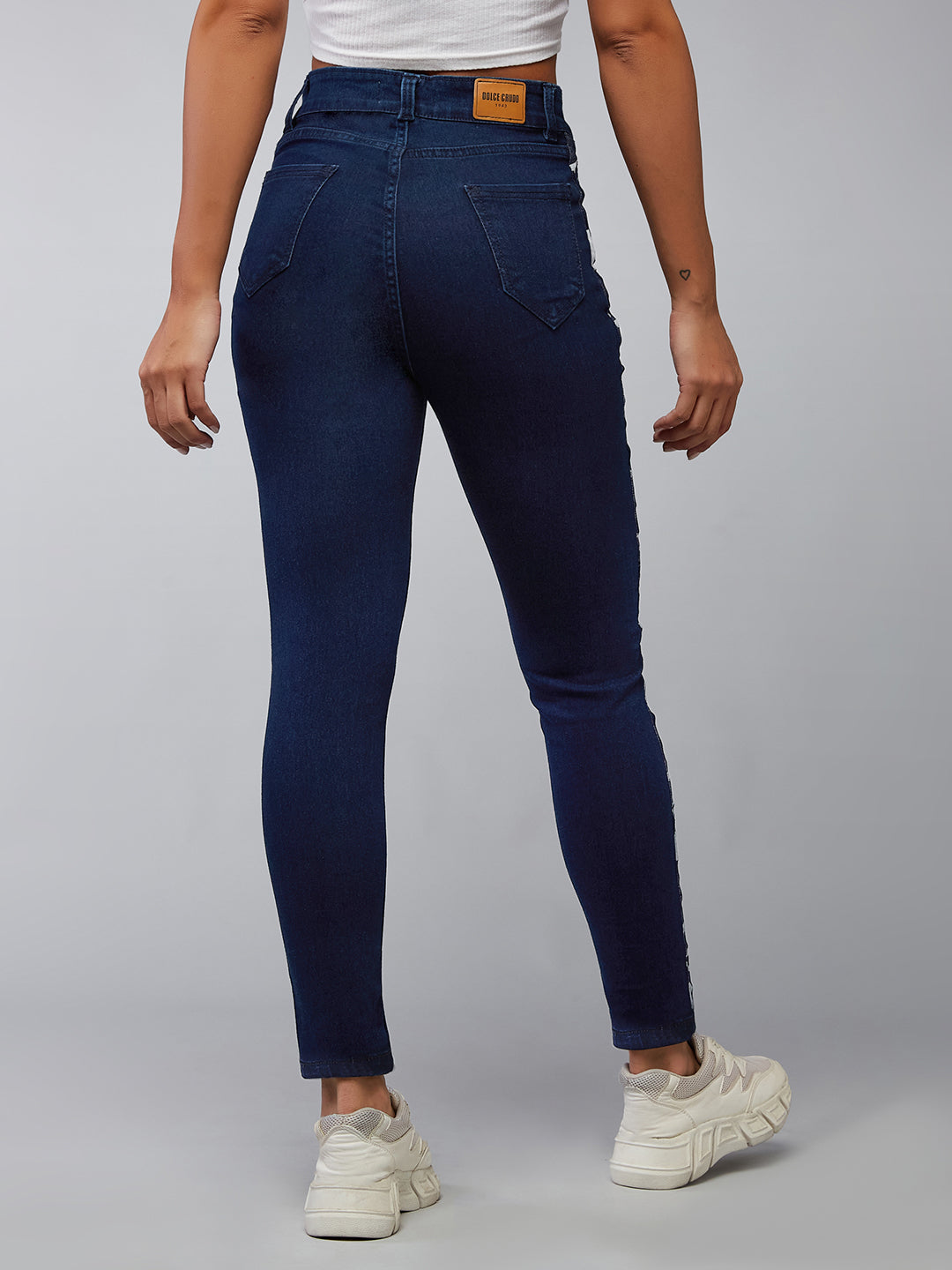 Women's Navy Blue Skinny High Rise Clean Look Printed Fabric Tape Detailing Regular Length Denim Jeans