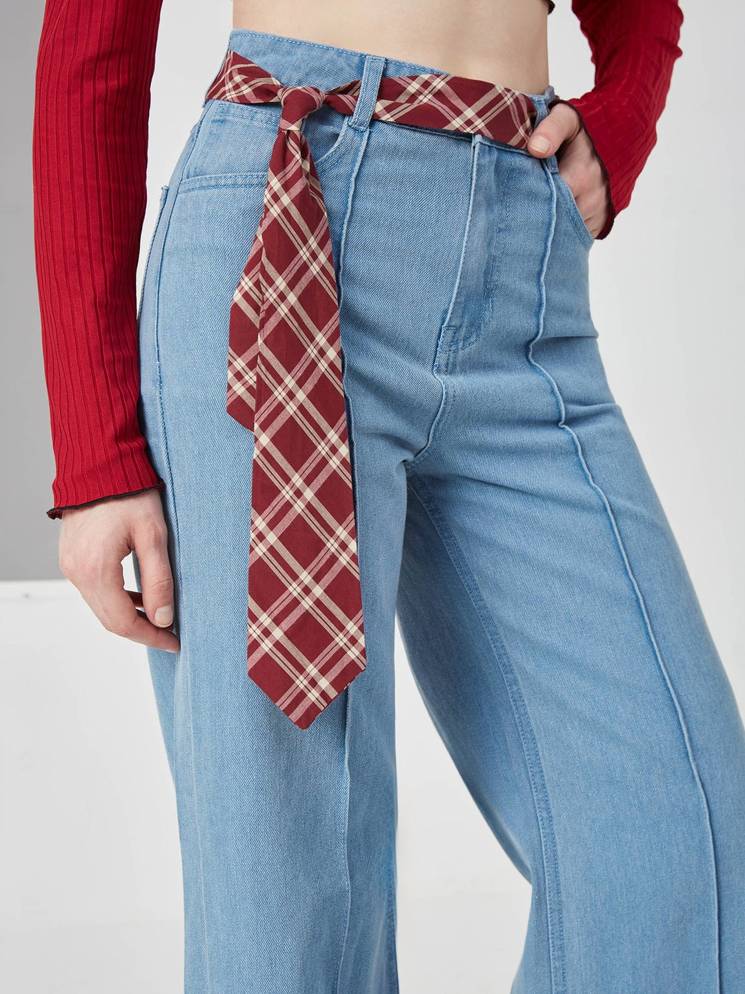 Light Blue Straight-Fit with detachable trendy semi formal contrast necktie cotton buffalo checks design scarf waist belt High-Rise Non-Stretchable Denim Jeans for Women