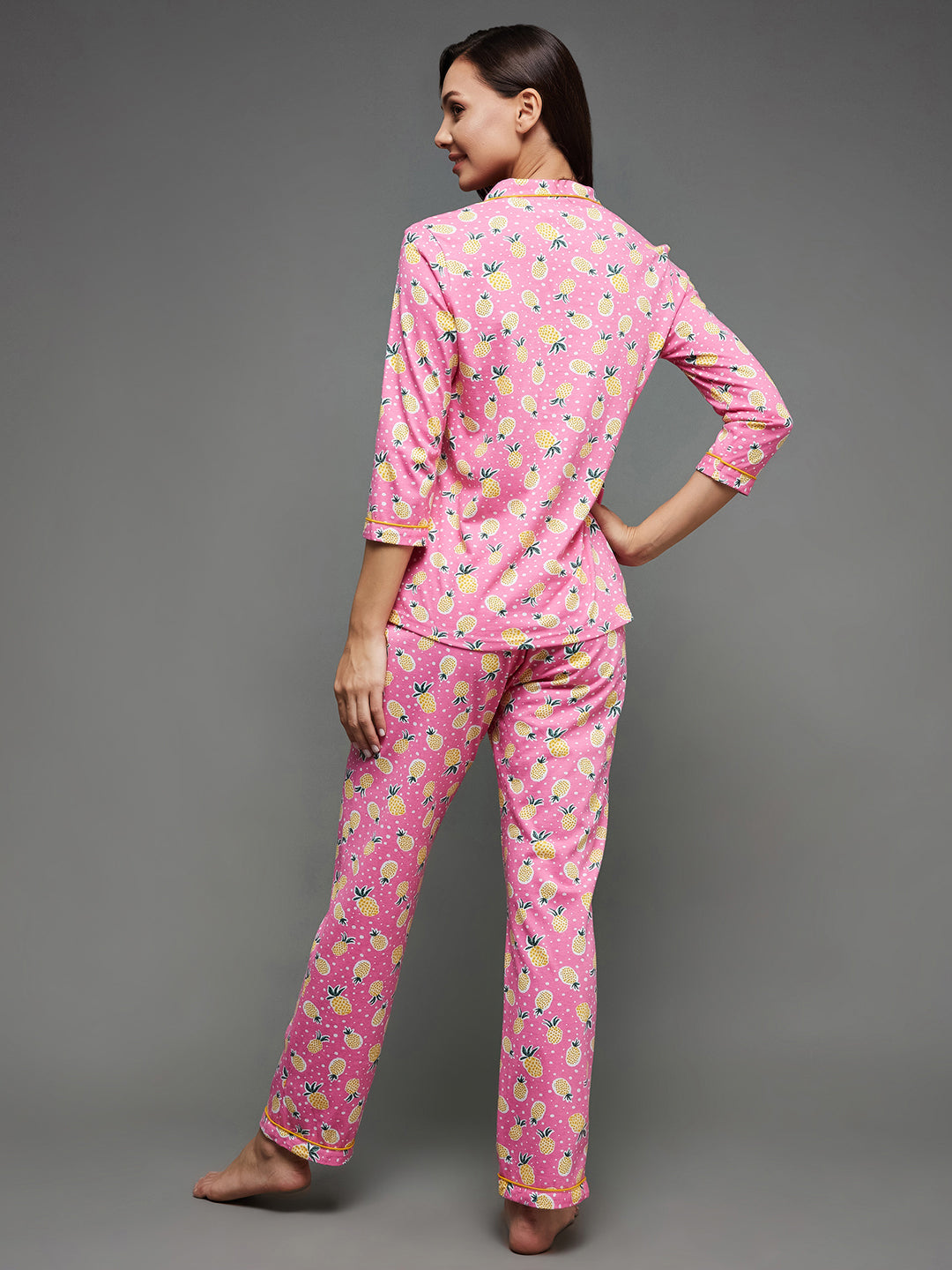 Women's Pink Printed Cotton Relaxed Fit Collared 3/4th Sleeve Regular Length Night Suit Set