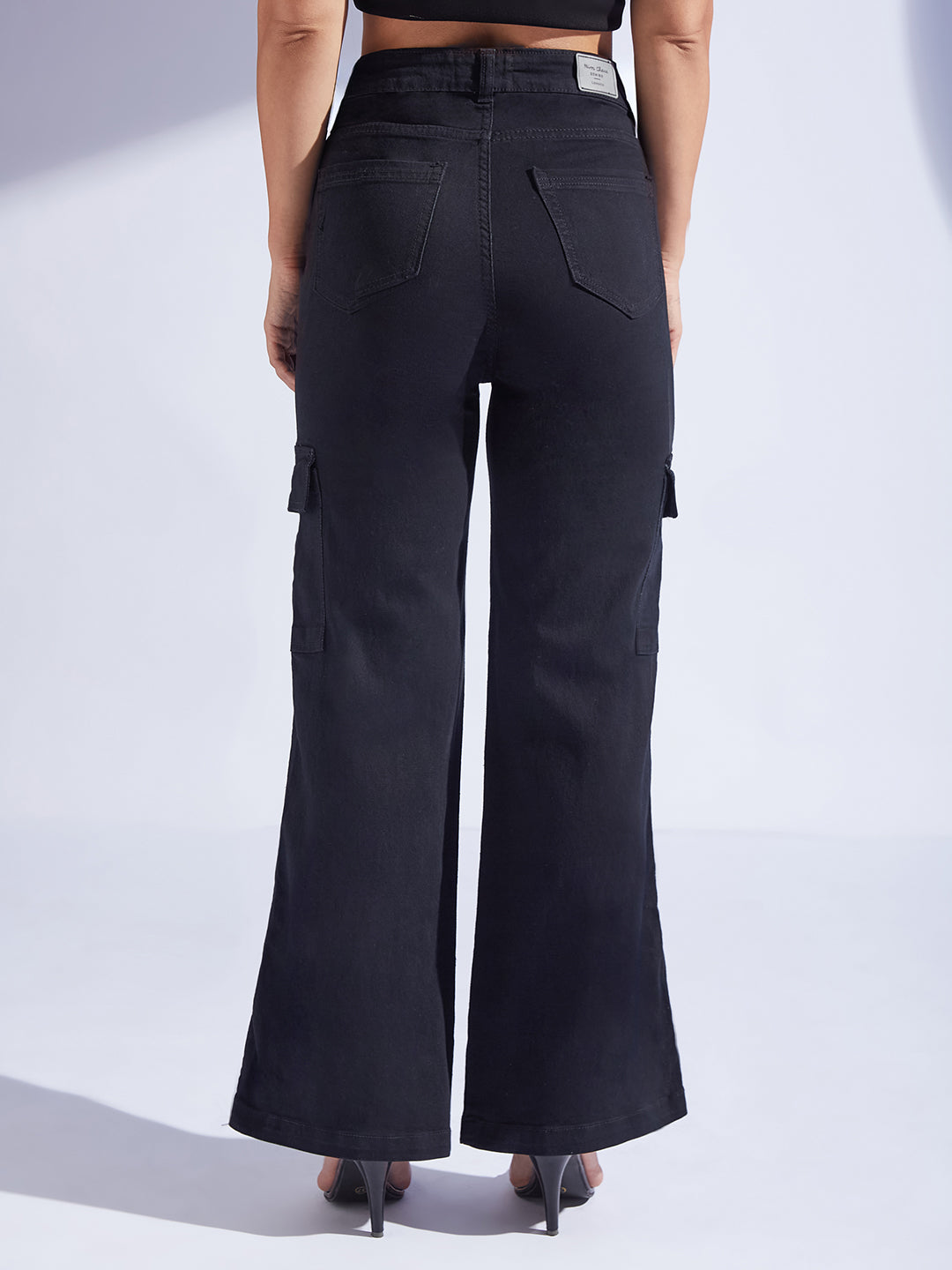 Women's Black Wide-Leg High-Rise Stretchable Denim Jeans