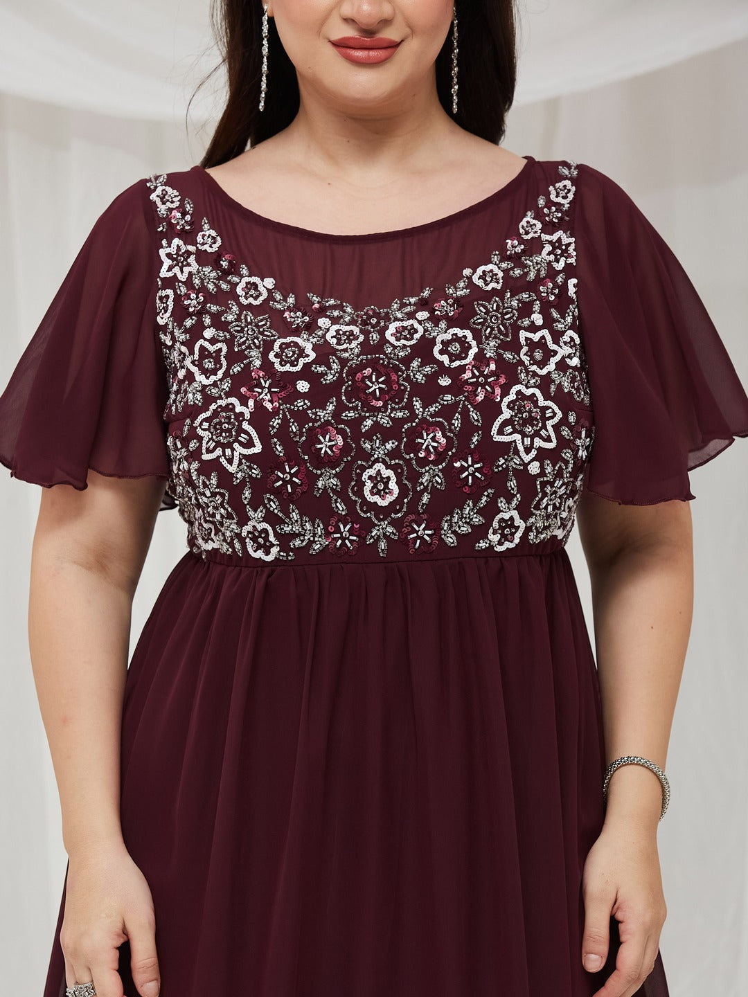 Wine Boat Neck Half Sleeve Solid Embellished Georgette Maxi Dress for Women — Miss Chase A+