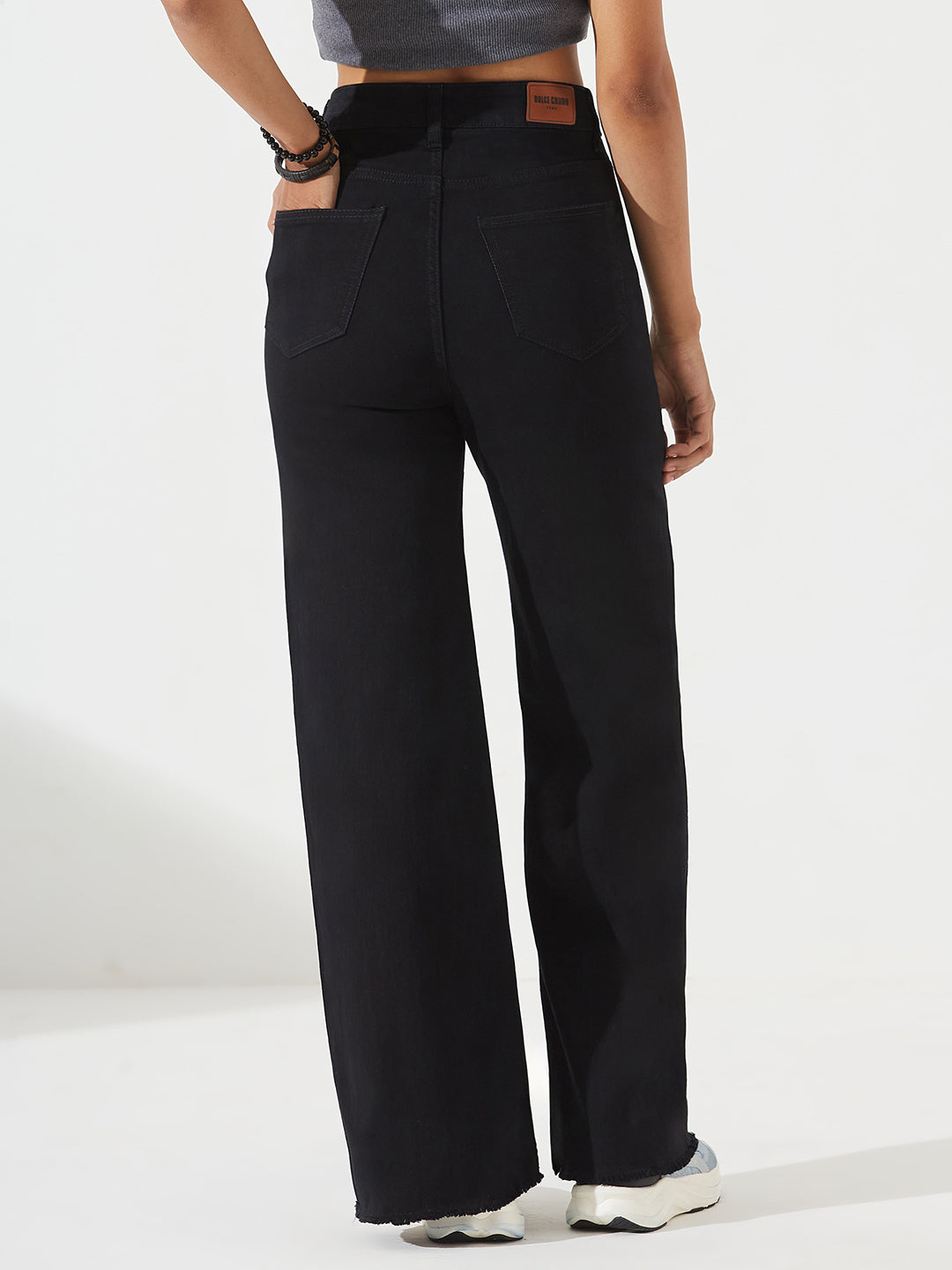 24/7 Comfort Black High-Rise Stretchable Wide-Leg Denim Jeans for Women