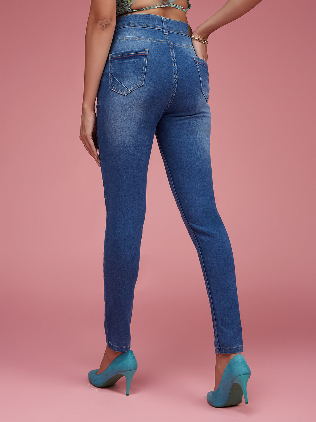 Women's Blue Skinny Fit High Rise Clean Look Regular Length Twill Tape Detailing Scraped Stretchable Denim Jeans