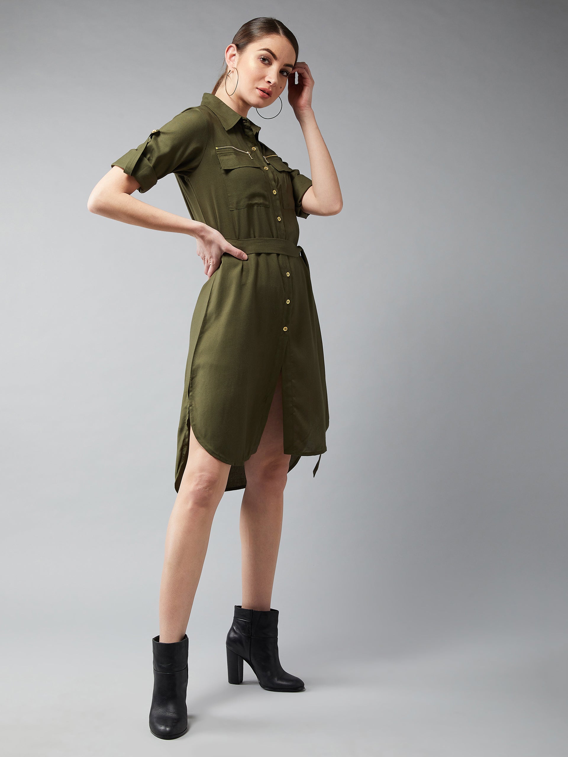 Women's Olive Green Collared Three Quarter Sleeved Solid Knee-Length Shirt Dress