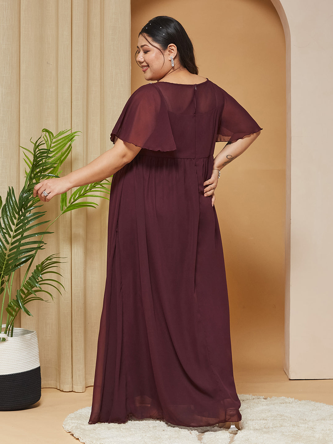 Wine Boat-Neck Half-Sleeves Solid Embellished Georgette Maxi Dress for Women