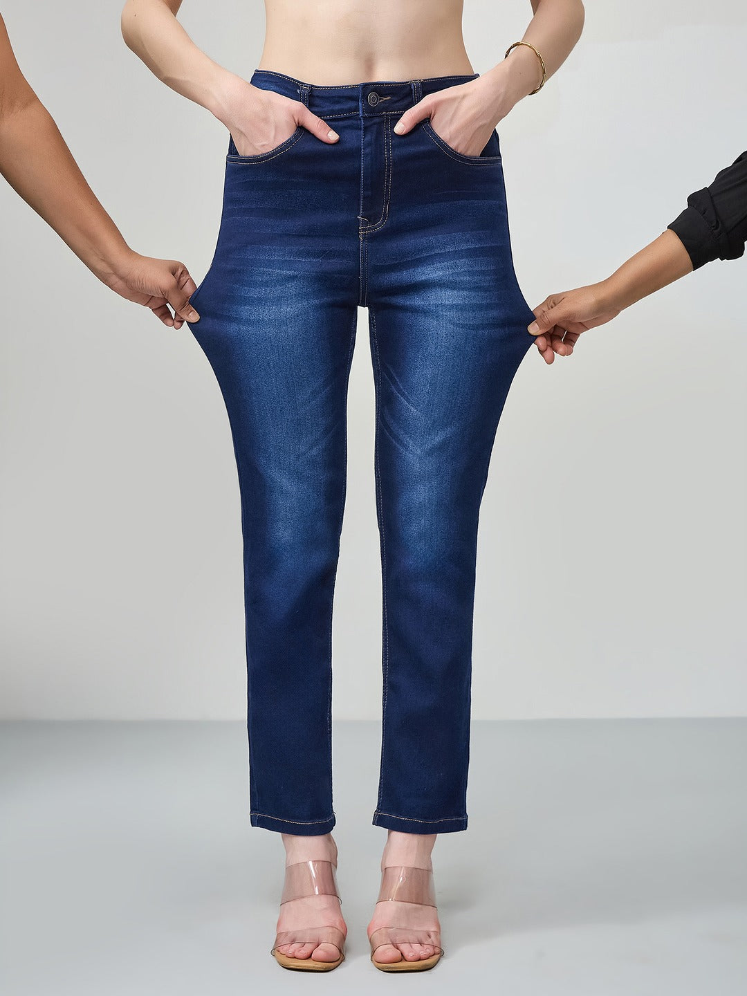Mid-Rise Navy Blue Semi-Straight Fit Stretchable Jeans with Whiskering & Dark Wash Finish for Women