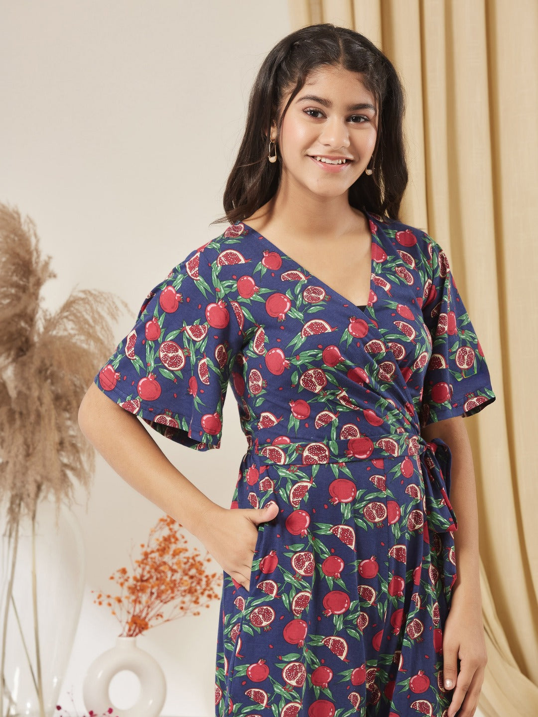 Navy Blue V-Neck Half-Sleeve Tropical-Printed Wrap Knee-Long Cotton Playsuit for Girls/Teenagers