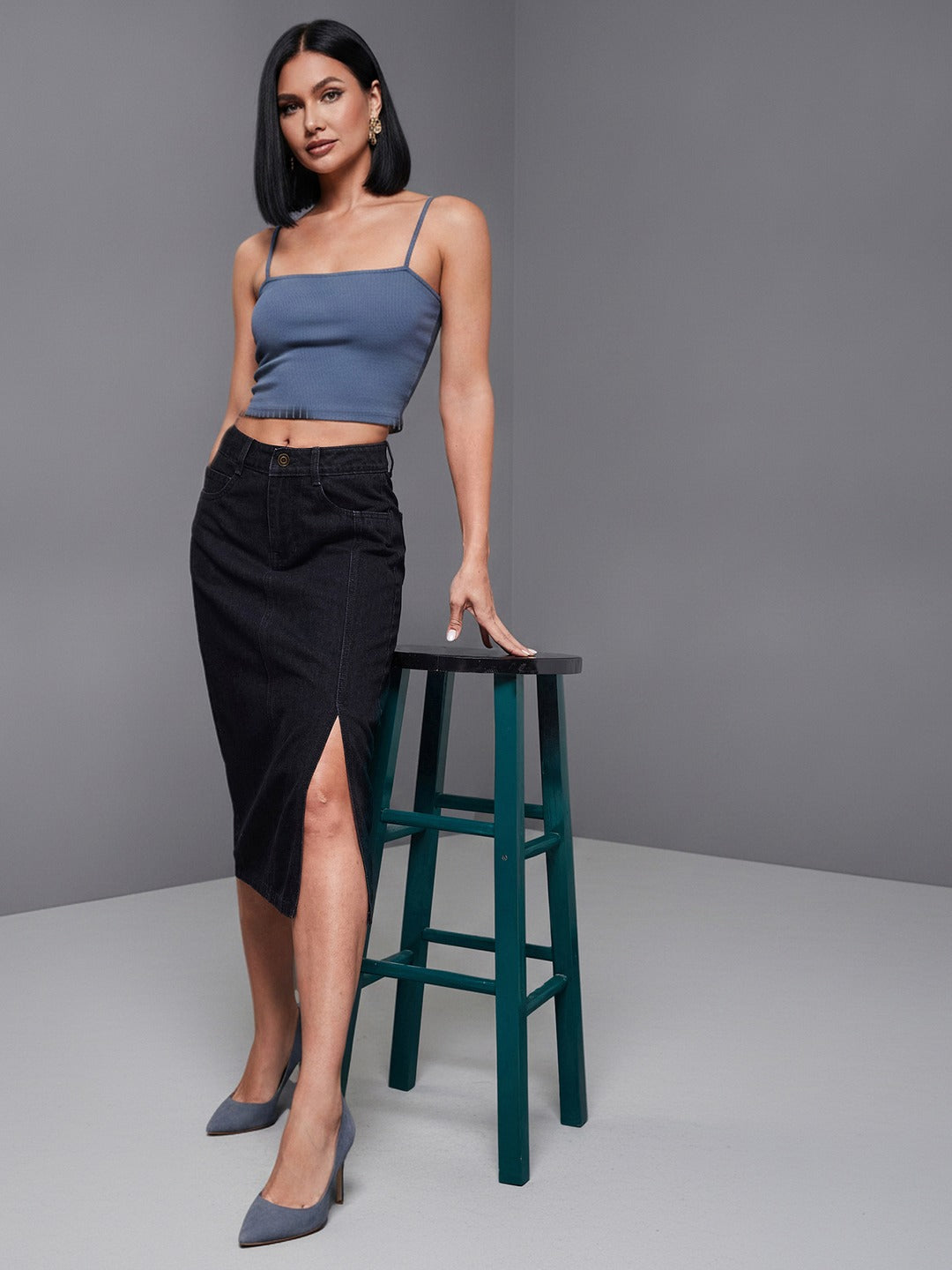 Black Straight-Fit High-Rise Stretchable Denim Midi Skirt for Women