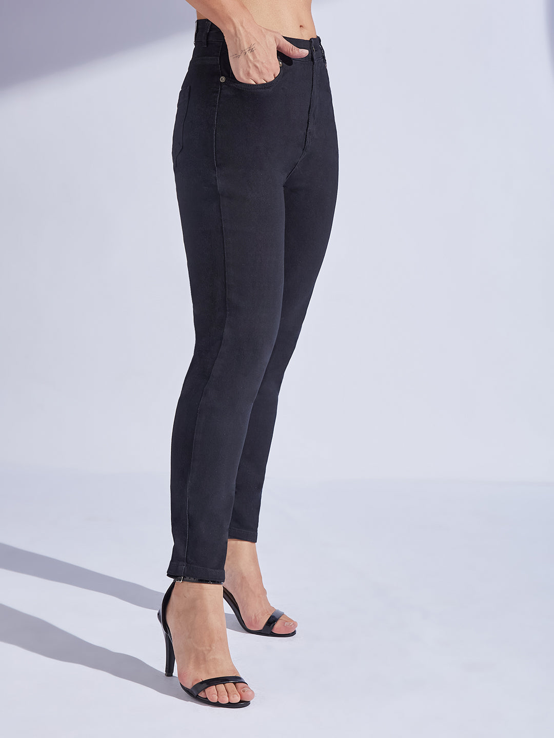 Women's Black High-Rise Regular-Length Stretchable Denim Mom'S Jeans