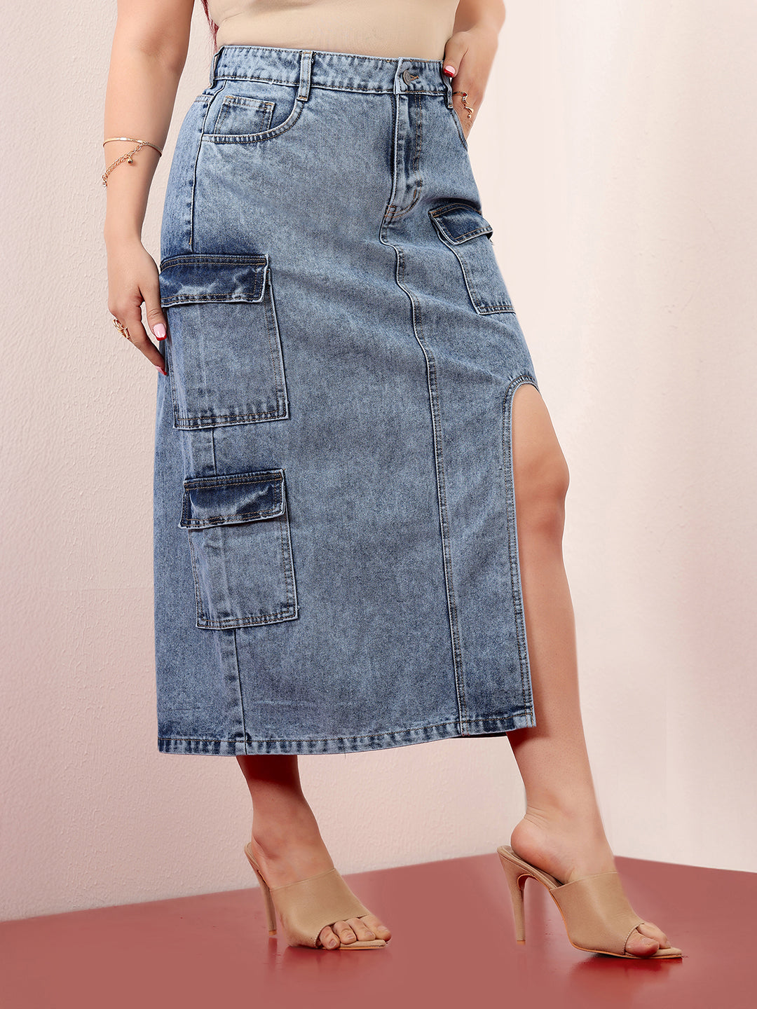 Women's Blue Straight-Fit High-Rise Clean-Look Non-stretchable Denim Midi Skirt
