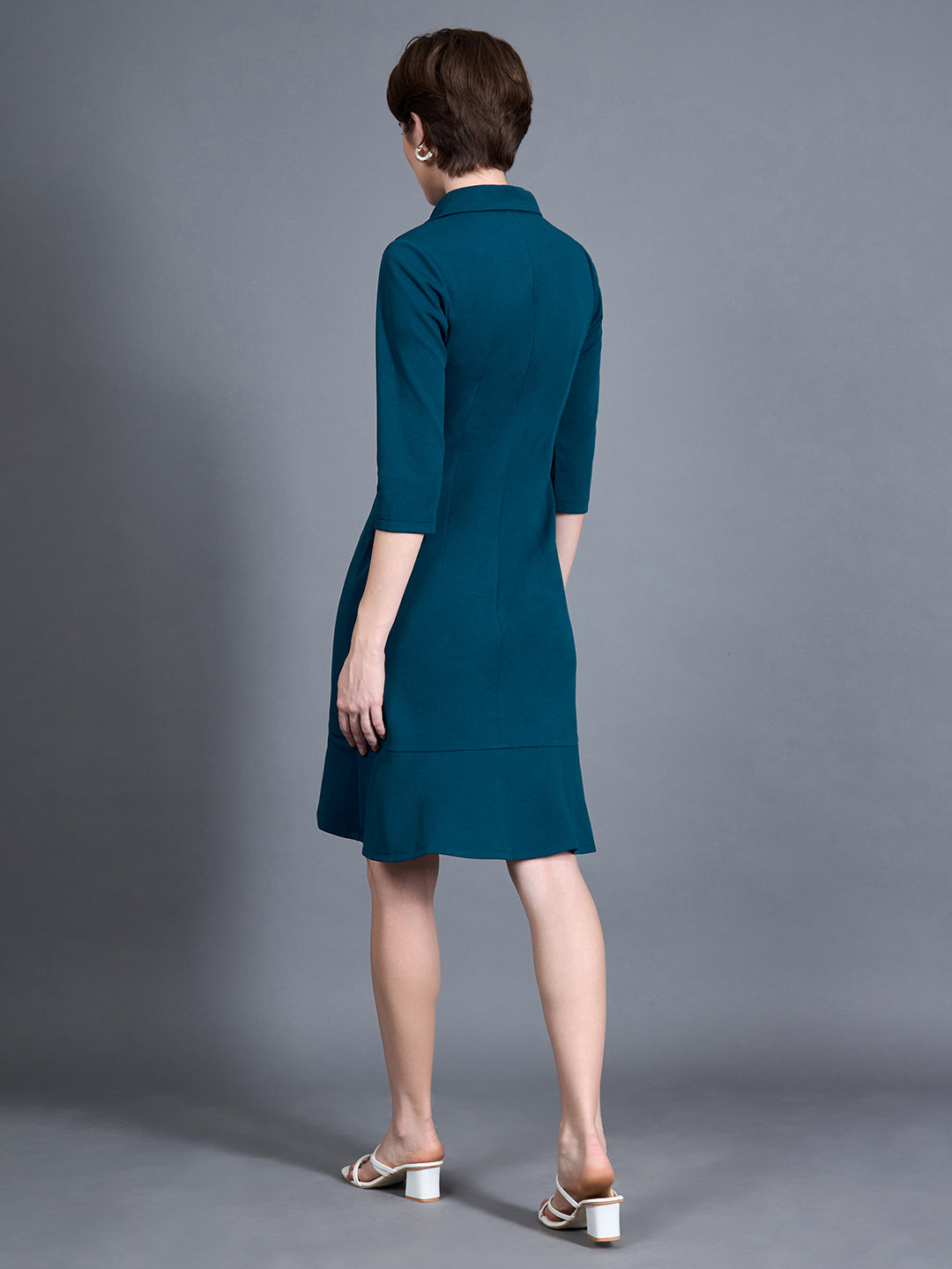 Women's Teal Solid Notched Collar 3/4 Sleeve Blazer Polyester Knee-Long Dress