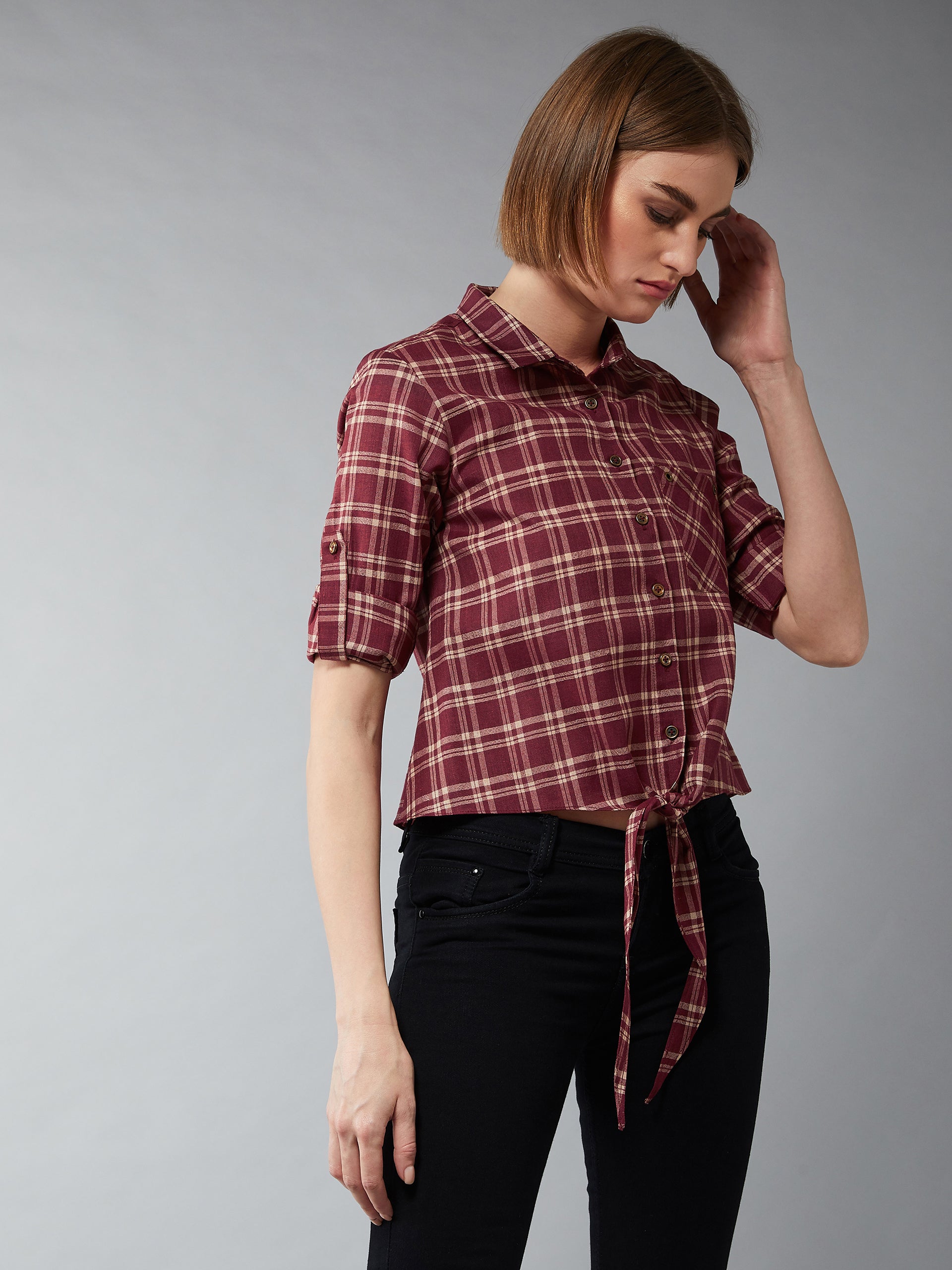 Women's Multicolor-Base Maroon Collared Neck Full Sleeves Checkered Knot Shirt