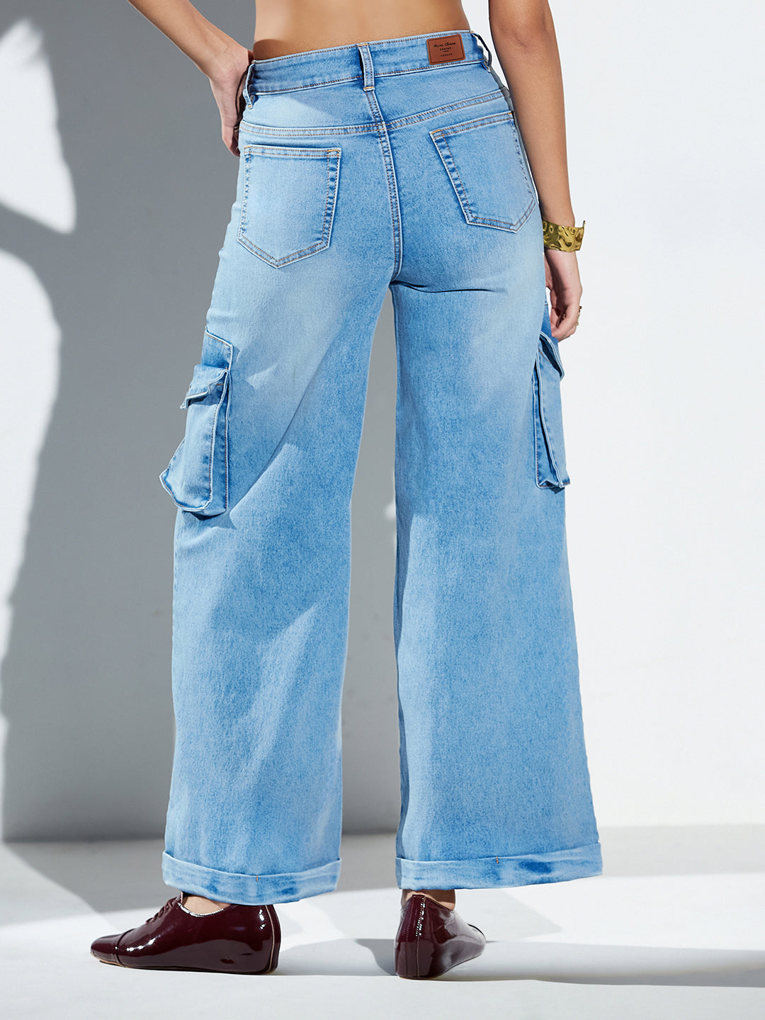 Blue Wide-Leg High-Rise Stretchable Denim Jeans for Women
