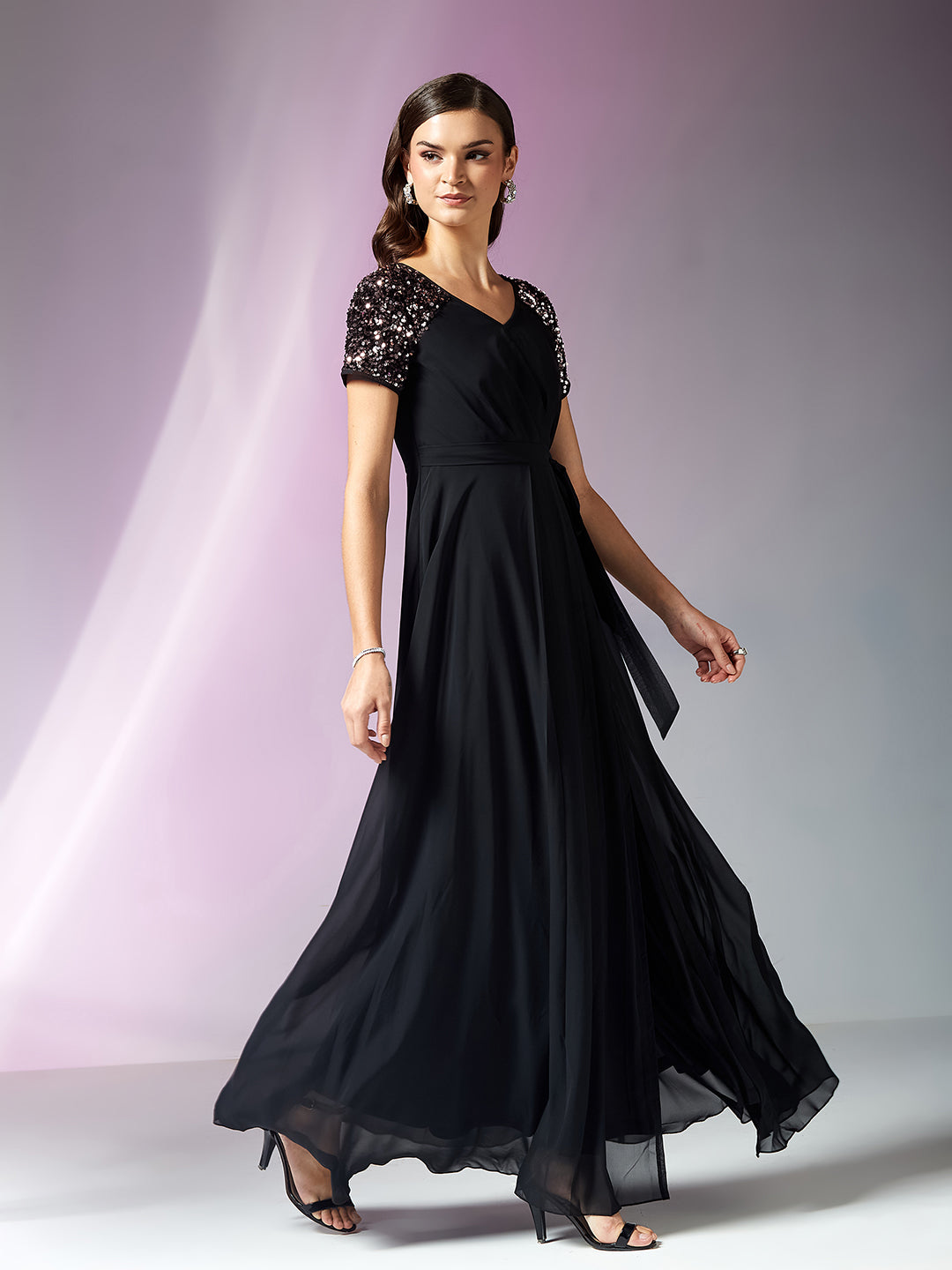 Black Half Sleeves Sequinned Fit and Flare Maxi Dress for Women