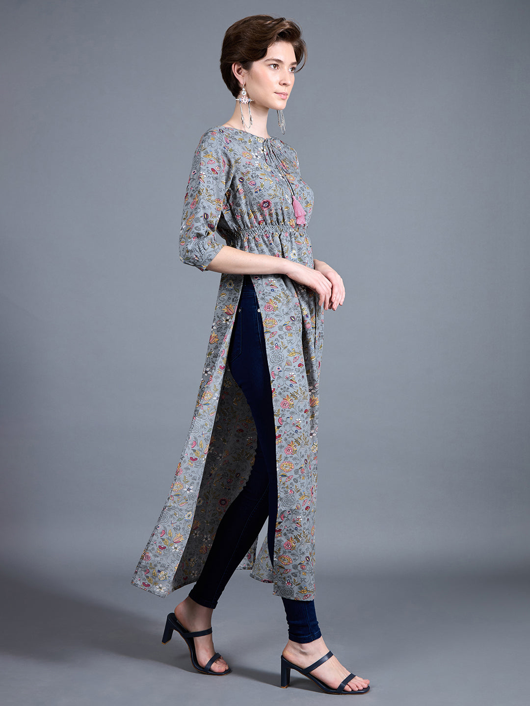 Women's Multicolored-Base-Grey Round neck 3/4th Sleeve Floral Elasticated Maxi Top