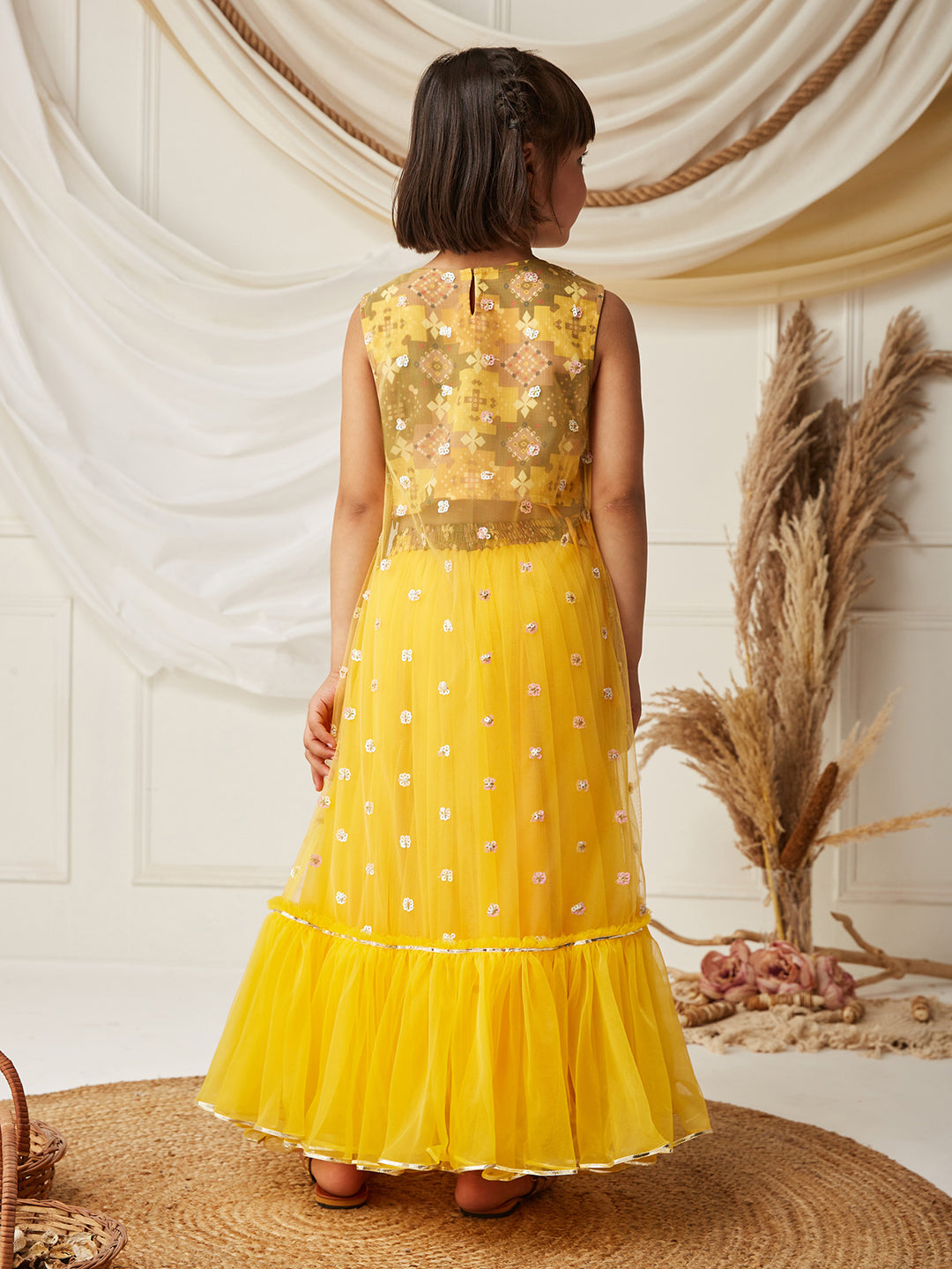 Multicolored-Base-Mustard Boat-Neck Sleeveless Embellished Fit & Flare Regular Fusion Set