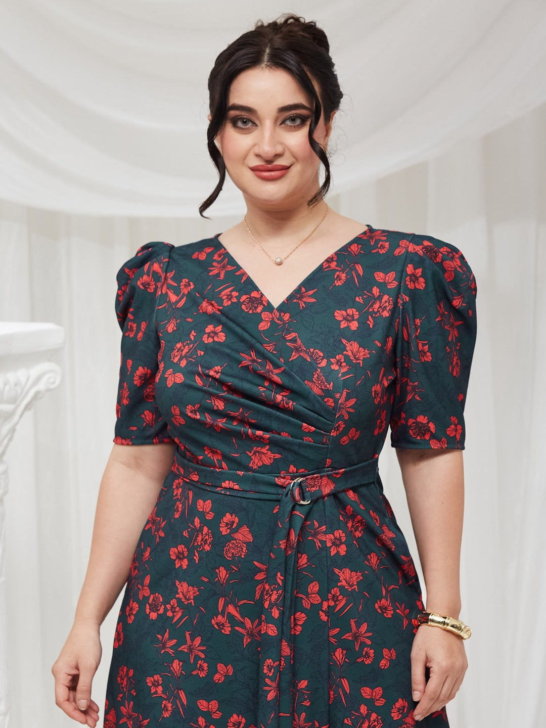 Teal V-neck Puff Sleeve Floral Wrap Midi Dress for Women