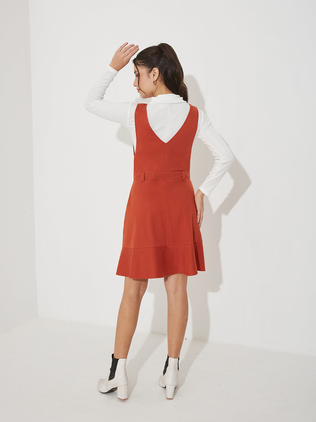 Rust Solid Polyester Pinafore Dress with Zipper Detail and Side Pockets for Women — Miss Chase