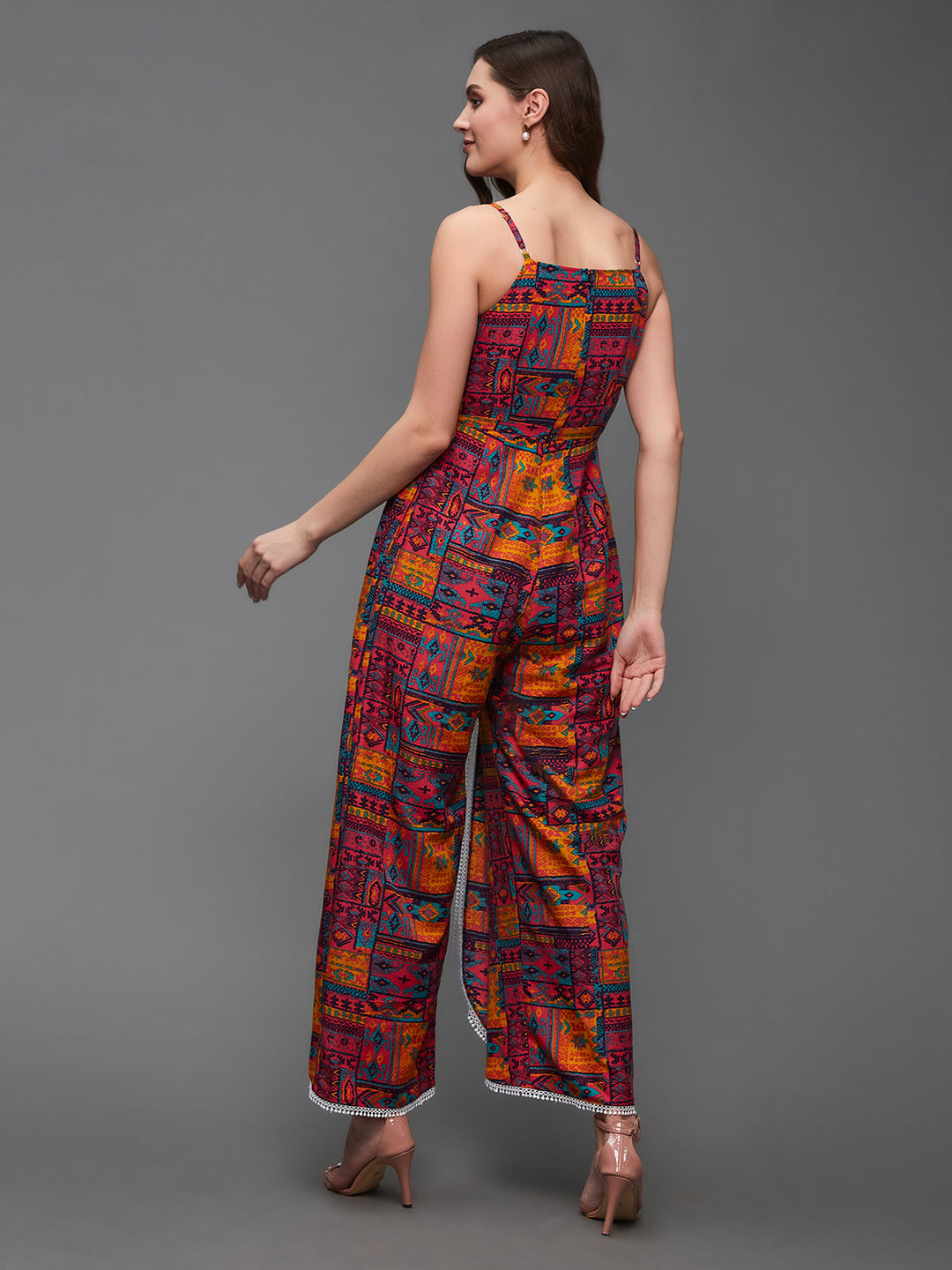 Women's Multicolored Square Neck Sleeveless Abstract Overlapped Regular-Length Rayon Jumpsuit