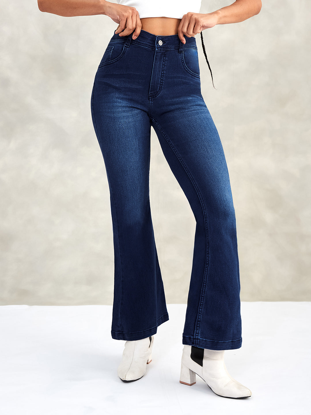 Women's Navy Blue High-Rise Stretchable Flared Denim Jeans