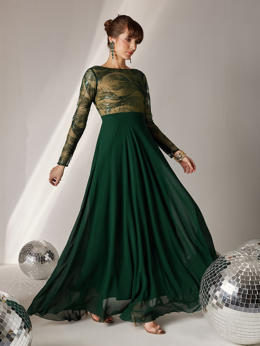 Women's Green & Beige Solid Embellished Maxi Dress