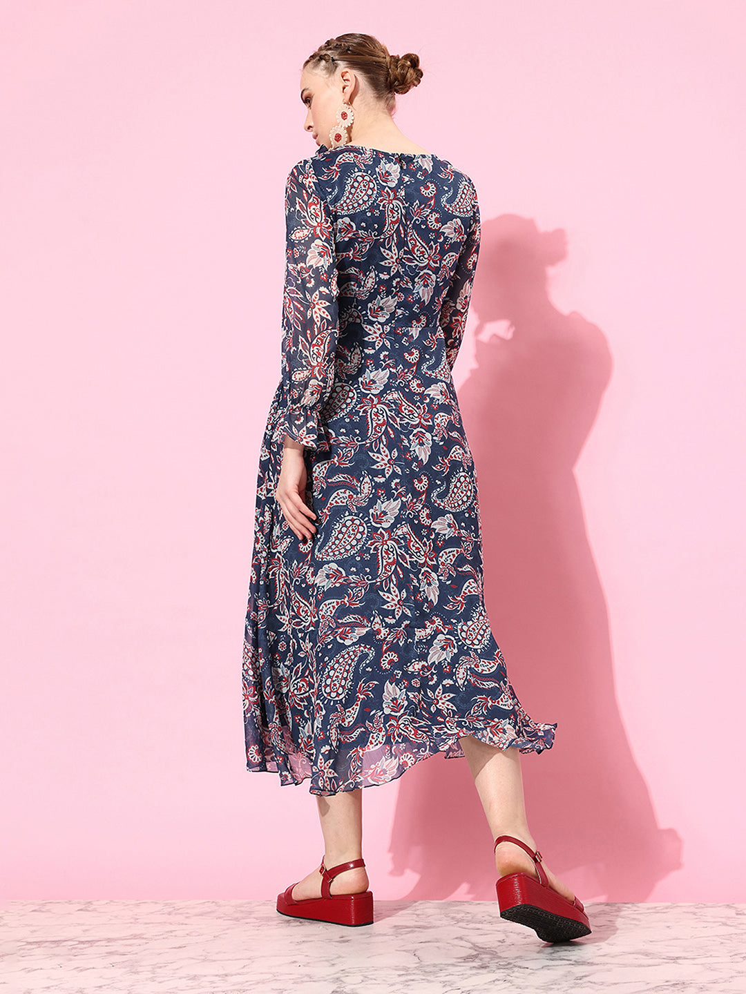 Women's Multicolored-Base-Navy Blue V Neck Full Sleeves Polyester Relaxed Fit Midi Length Dress