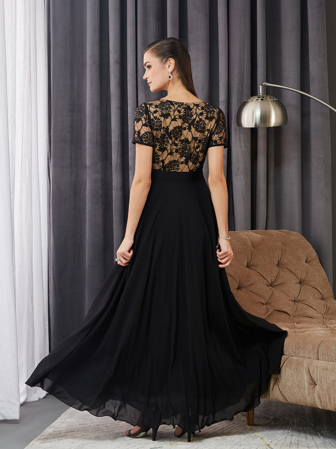 Women's Black Round Neck Half Sleeve Self Design Fit & Flare Georgette Maxi Dress