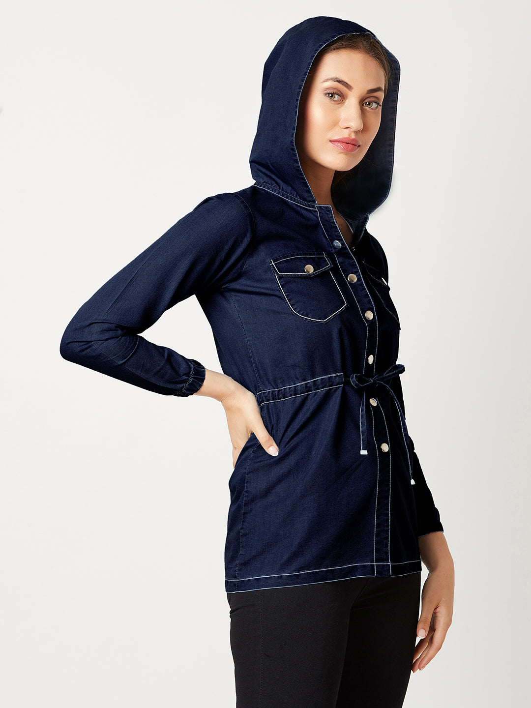 Women's Navy Round Neck Full Sleeve Solid Long hoody with tie-up Regular Length Jacket