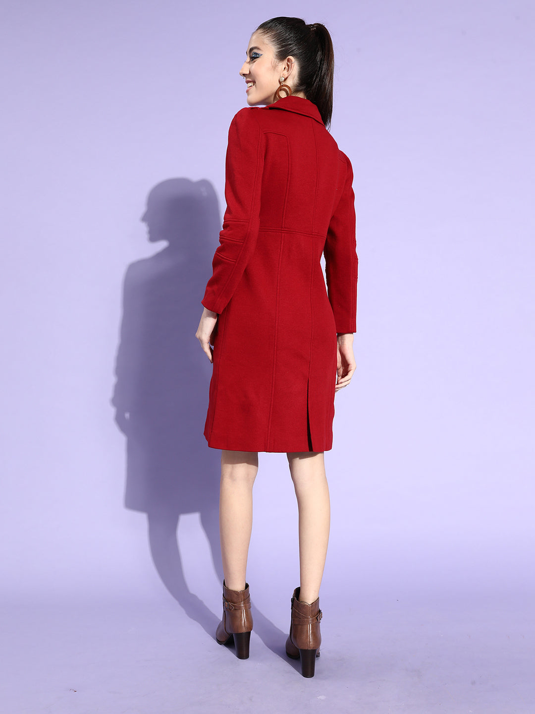 Women's Maroon Notch Collar Multi Panelled Full Sleeve Solid Double Breasted Knee Length Blazer Dress