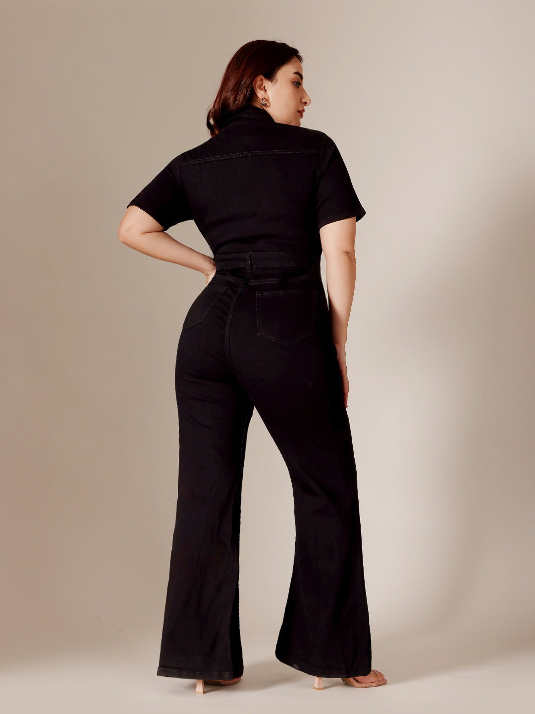 Black Flared High-Rise Stretchable Denim Jumpsuit with Collared Neck and Multiple Pockets, Regular Length for Women — Miss Chase A+