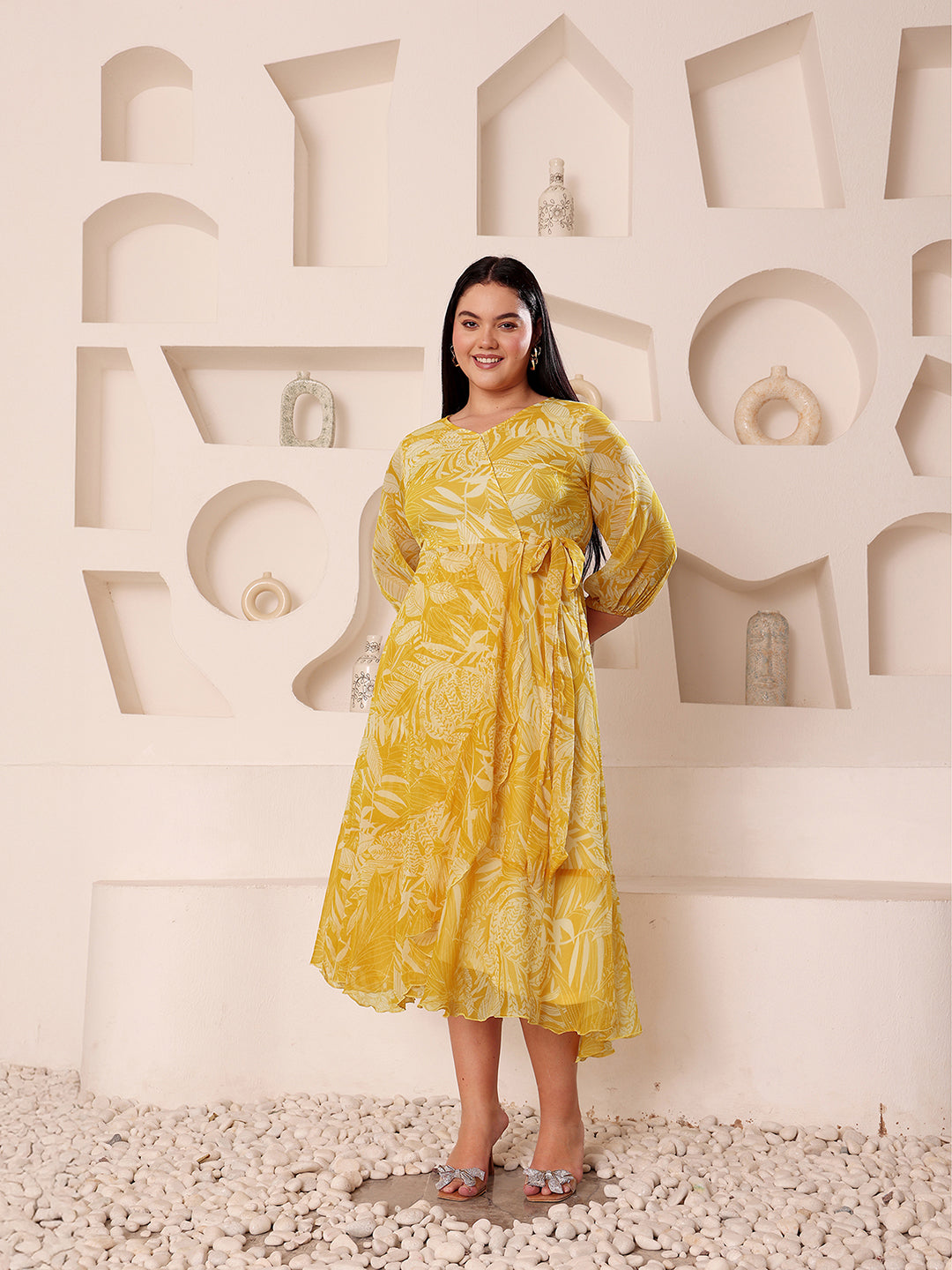 Women's Yellow & White V-Neck Full-Sleeves Floral Layered Maxi Dress