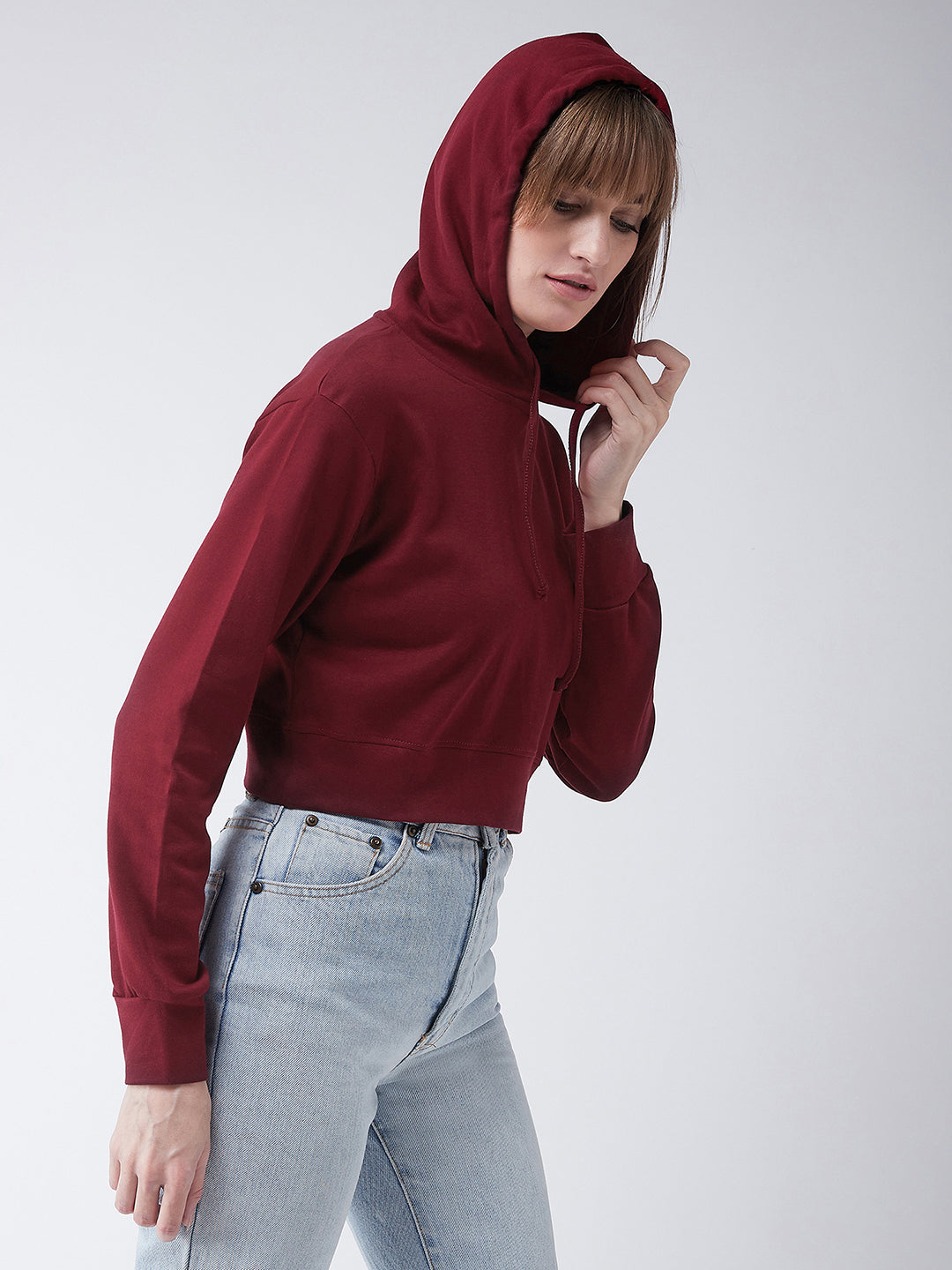 Women's Maroon Solid Round Neck Full Sleeve Hooded Boxy Crop Sweatshirt