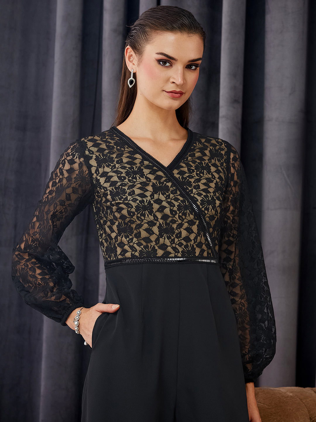 Black Self-Design Crepe V-Neck Jumpsuit with Balloon Sleeves and Lace Detailing for Women