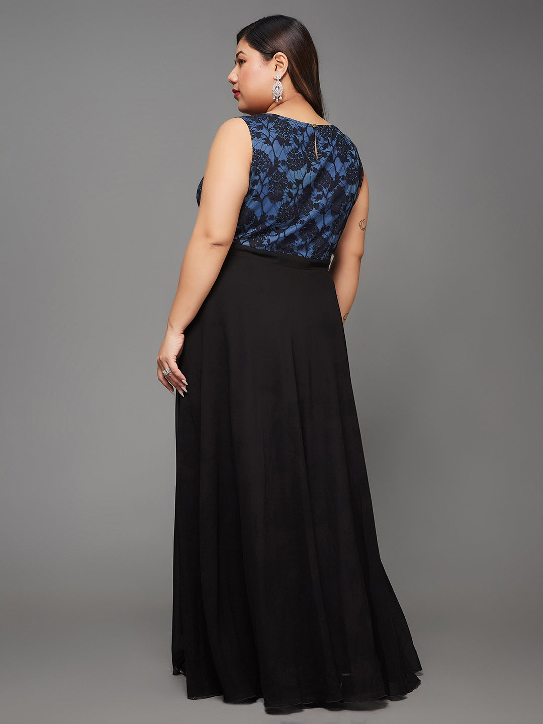 Blue & Black Round Neck Sleeveless Georgette Floral Lace Fit & Flare Maxi Dress for Women