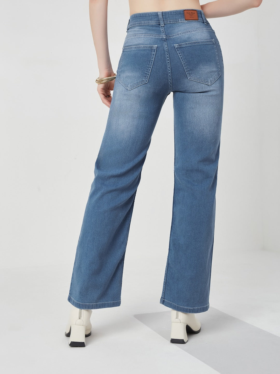 Light Blue Wide-Leg Mid Rise Blast Effect Light Weight Denim Jeans for Women