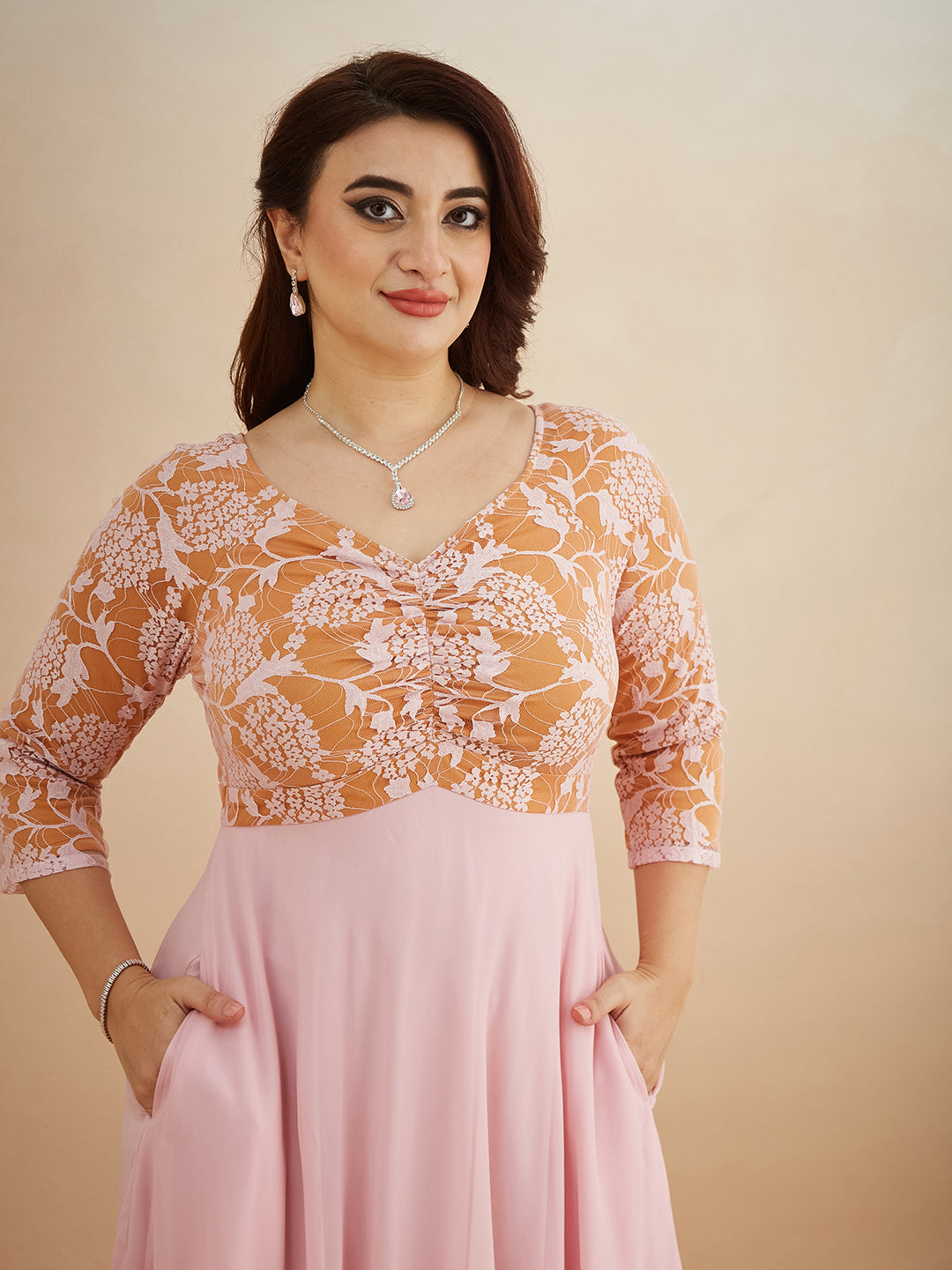 Dusty Pink V-Neck Raglan-Sleeve Self-Designed Empire-Styled Georgette Maxi Dress for Women