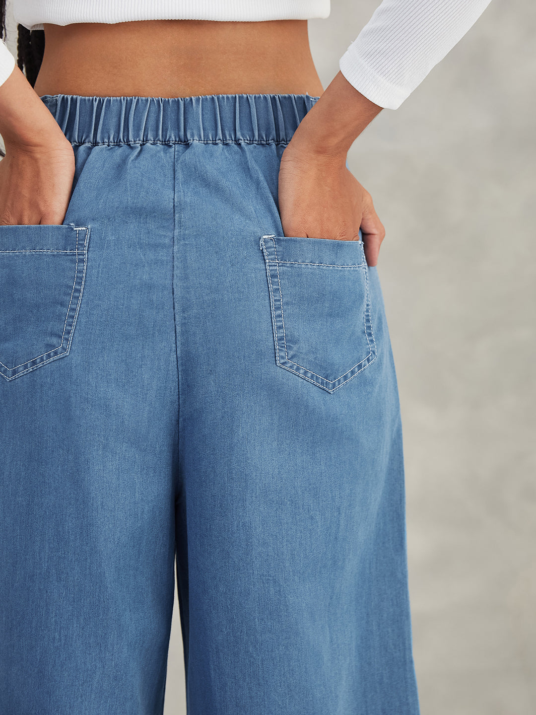 Women's Blue Flared Wide-Leg High-Rise Non-Stretchable Denim Pants